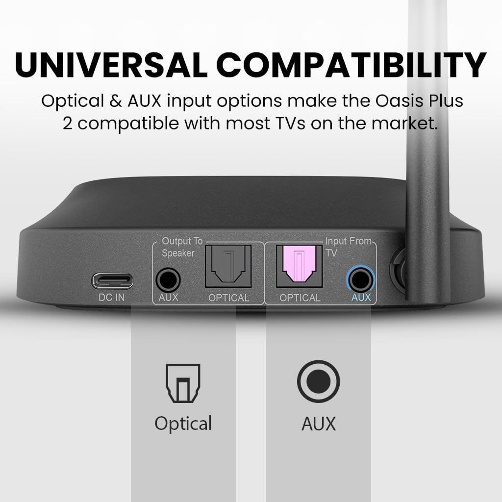 Avantree Oasis plus 2 - Bluetooth 5.3 Transmitter for TV with Remote Volume Control, Aptx-Adaptive, and Soundbar Passthrough, Compatible with Optical or AUX Ported Tvs image number 1