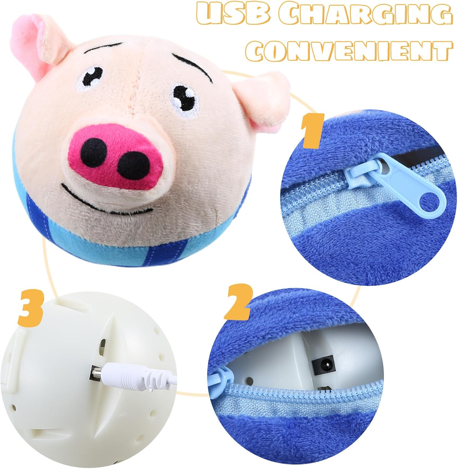 Active Moving Pet Plush Toy, Interactive Dog Toy Squeaky Pig, USB Rechargeable and Washable Plush Pet Plush Bouncing Balls for Medium and Small Dogs image number 5