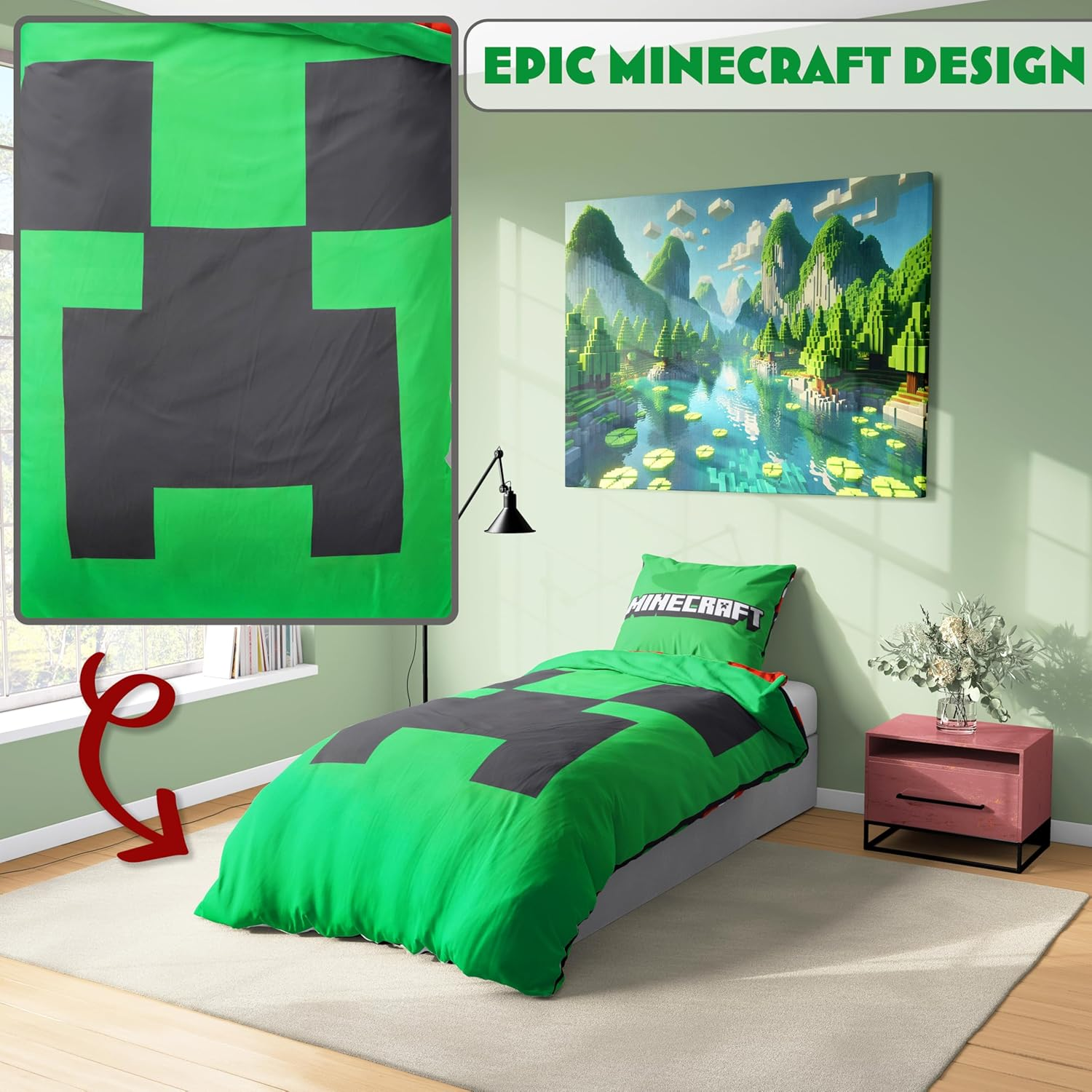 Get Trend Minecraft Single Duvet Cover Set Kids & Teens, Reversible Bedding & Pillowcase for Boys & Girls, Bedroom Accessories, Anime Gifts for Boys (Green Minecraft, Single) image number 7