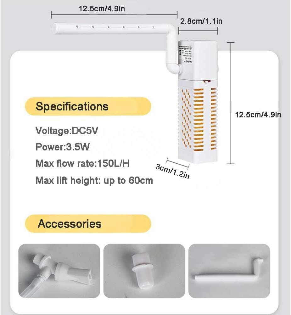 USB Submersible Fish Tank Internal Filter, 3.5W Aquarium Filter with Water Pump for 3-40L Fish and Turtle Tank image number 5