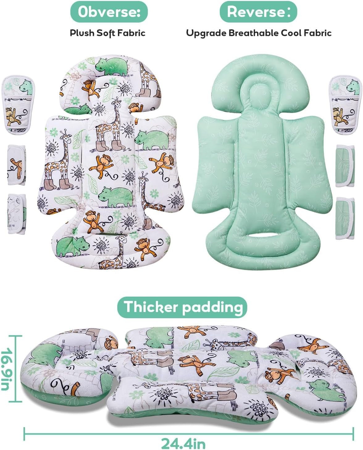 Infant Car Seat Insert, Enlarged Head Support for Baby Carseat, Reversible Newborn Insert with 3 Strap Covers, 2-In-1 Baby Car Seat Cushion for Stroller, Swing, Bouncer, Rocker - Blue Giraffe