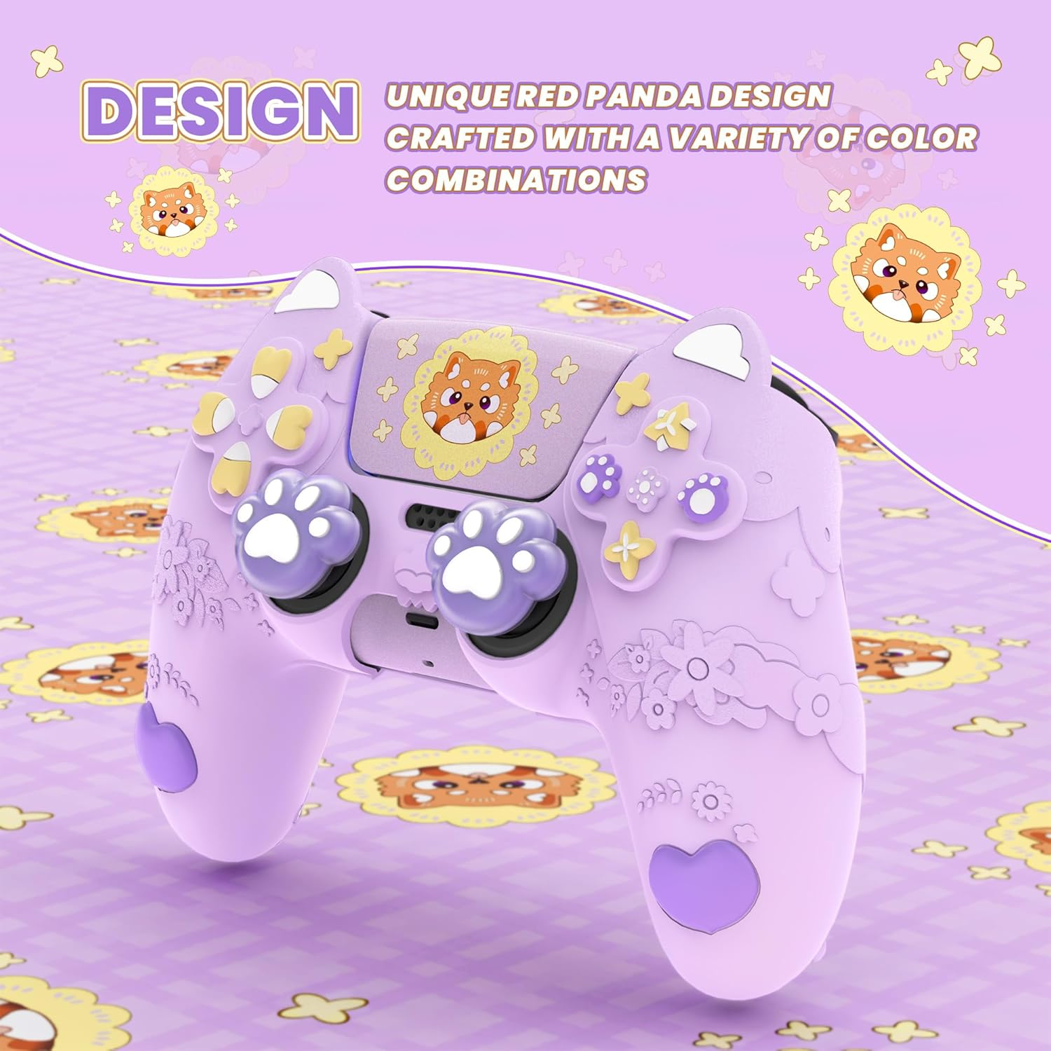 Playvital Cute Spring Lesser Panda Silicone Cover for Ps5 Controller with Joystick Cap and Sticker, Anti-Grip Shockproof Skin, Compatible with Charging Station, Taro Purple image number 1