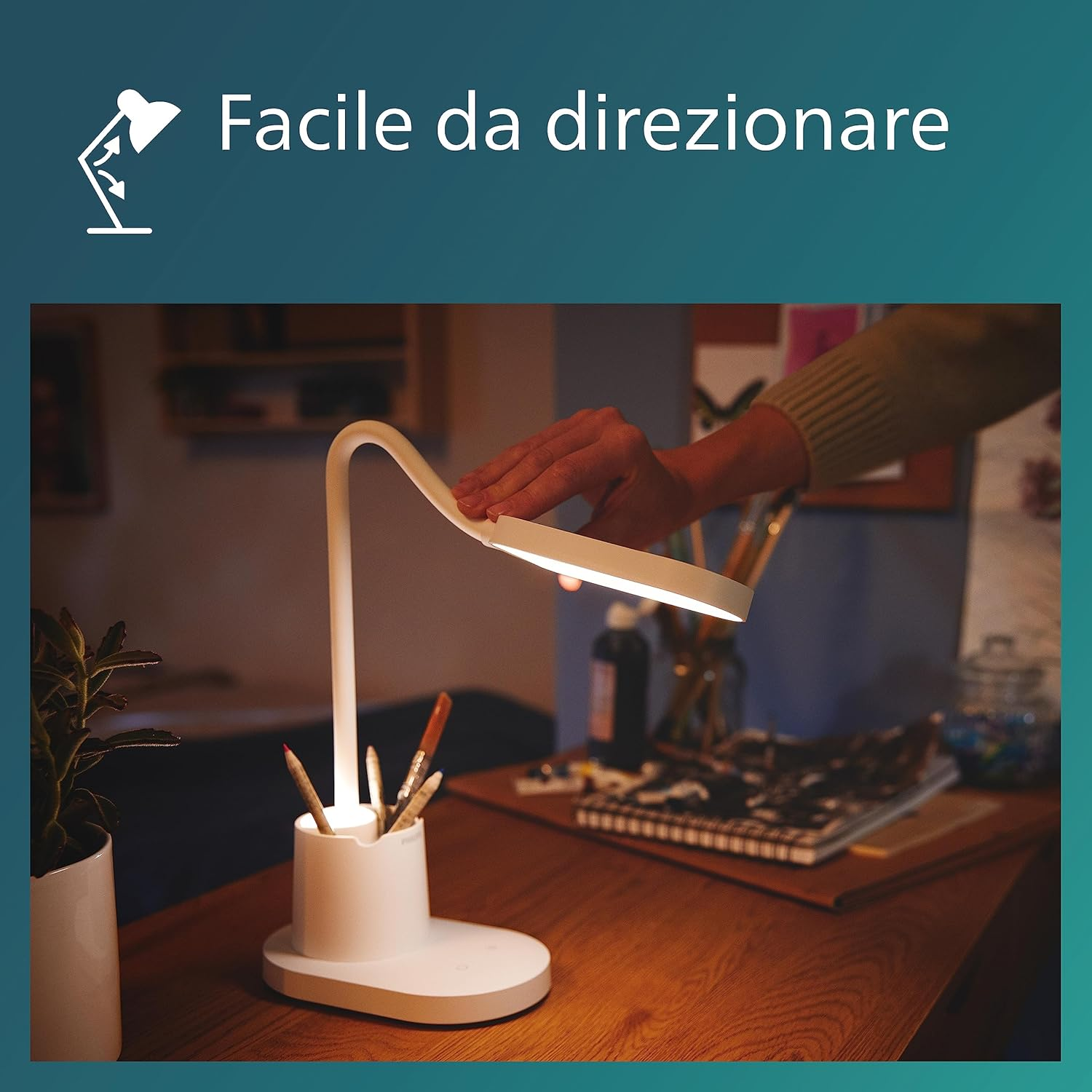 PHILIPS LED Bucket Desk Lamp [Cool White Light 4000K - White] 8W - Charge with USB. for Home Indoor, Work, Study, Reading Lighting