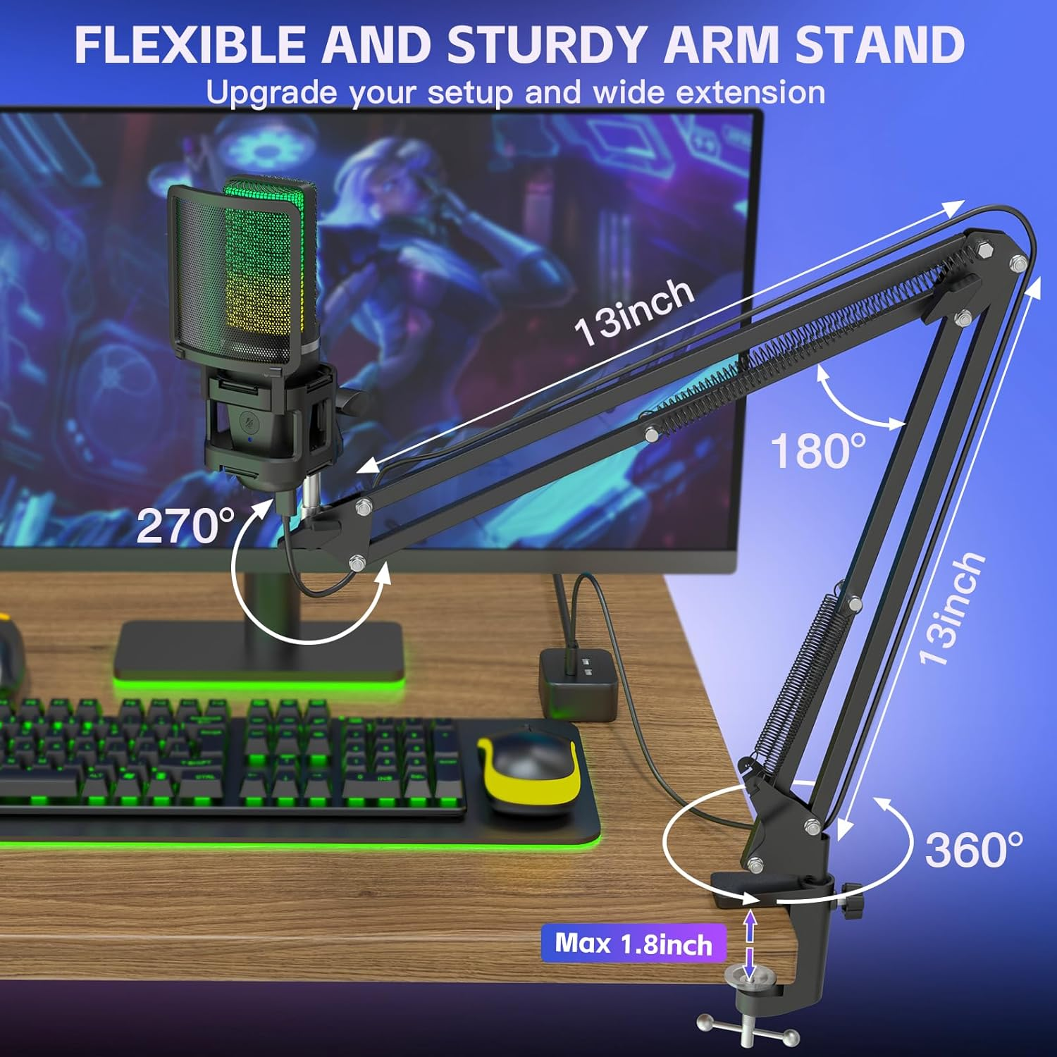 Zealsound Gaming USB Microphone,Noise Cancellation Condenser Mic,Rgb Microphone with Mute,Gain,Monitoring,Boom Arm,Pop Filter for Phone,Pc,Computer,Ps4,Ps5,Mac,Streaming,Podcast,Twitch,Youtube,Discord image number 3