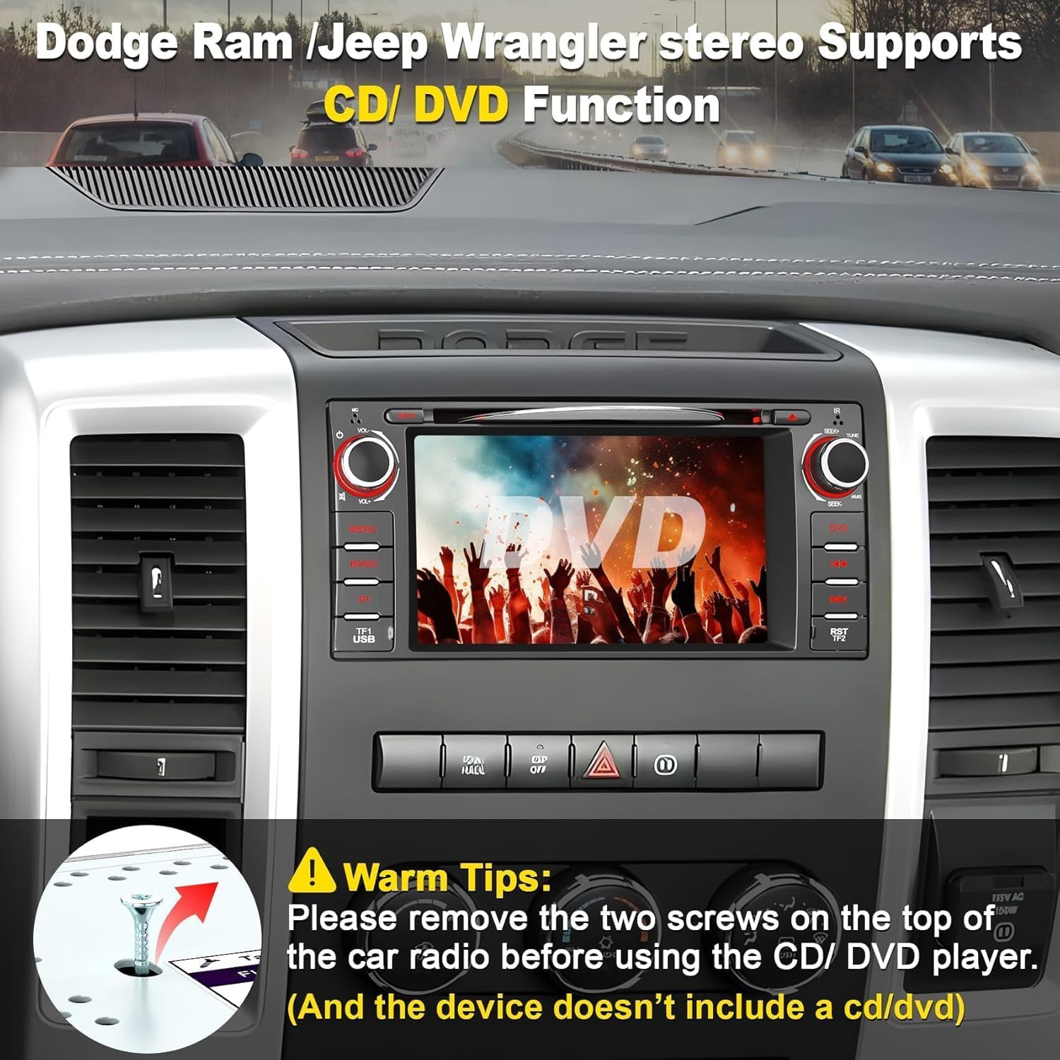 Car Radio Stereo with CD/DVD Player for Dodge RAM 1500 2500 3500 (2009-2012), for Jeep Wrangle/Unlimited (2007-2015),7 Inch Head Unit with Carplay & Android Auto,Bluetooth & GPS Navigation image number 5