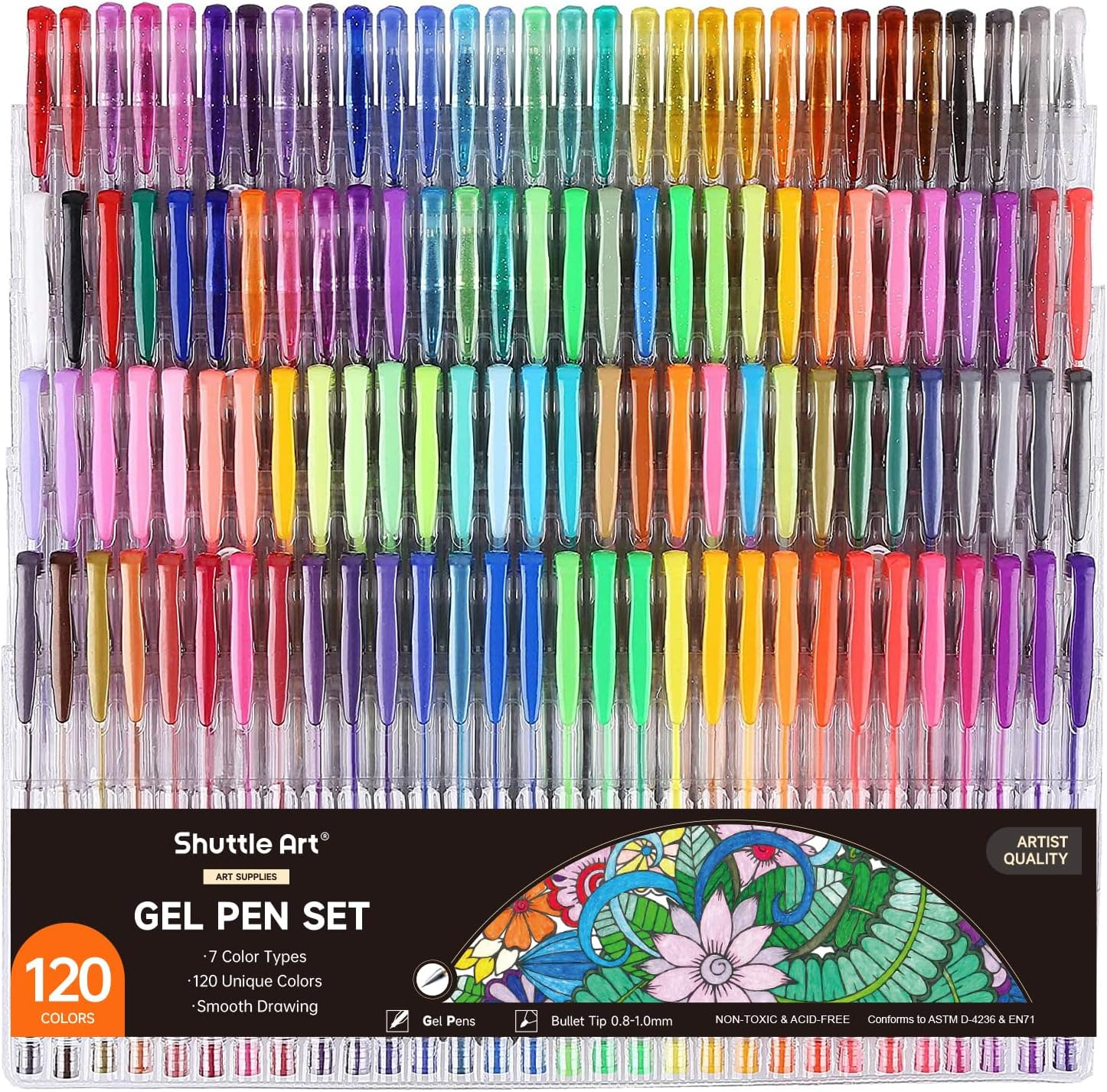 Shuttle Art Gel Pens, 120 Colours Gel Colouring Pens for Adults Pack, Gel Pen Set with Glitter Metallic Neon Pastel Swirl Colours, Gel Pens for Kids and Adult Colouring Books Doodling Drawing