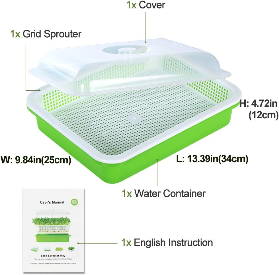 Lejoy Garden Seed Sprouter Tray BPA Free PP Soil-Free Big Capacity Healthy Wheatgrass Grower with Lid Sprouting Kit 13.4X9.84X4.72 Inches,Green image number 5
