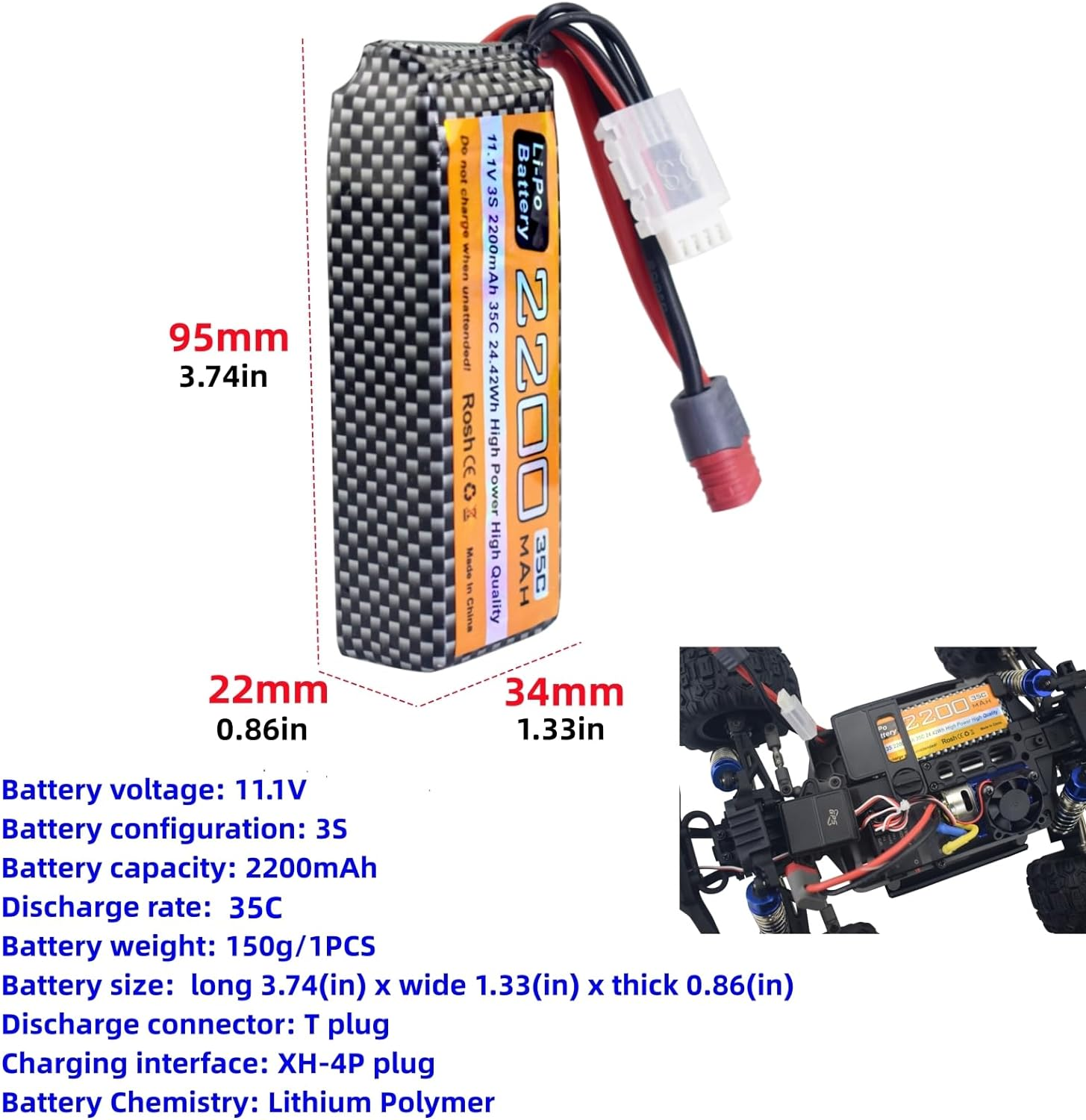 11.1V 2200Mah 35C 3S Lipo Battery with T Plug and USB Charging Cable Suitable for MJX H16P H16E H16GT H16BM H16PL 14301 RC Car High-Speed Drift Model Toy Car Upgrade Battery image number 3
