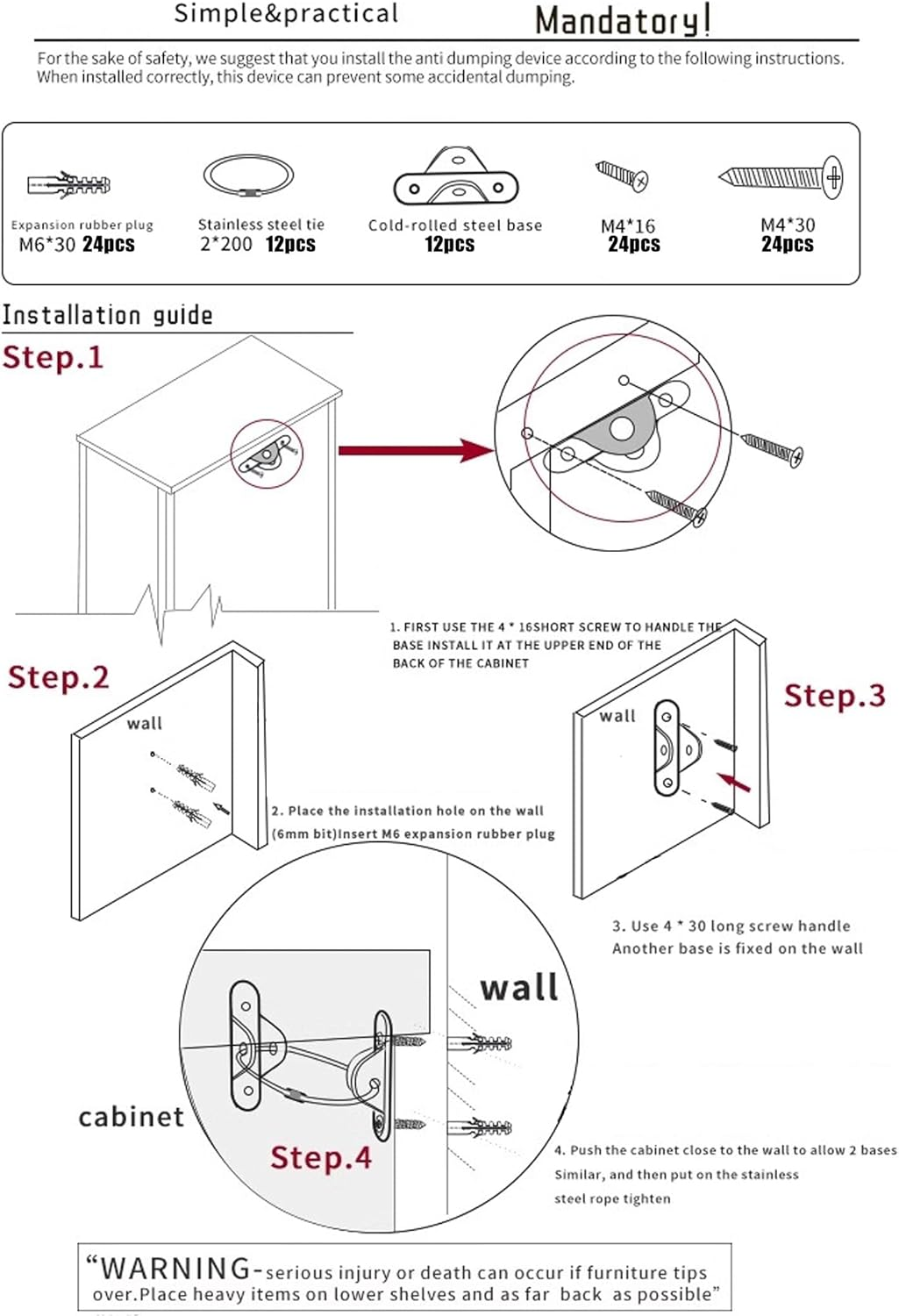Wayfurr Furniture Anchors for Baby Proofing (12 Pack), anti Tip Wall Straps Secure 400 Lbs Dresser, Bookshelf & Cabinet, Child Safety image number 6