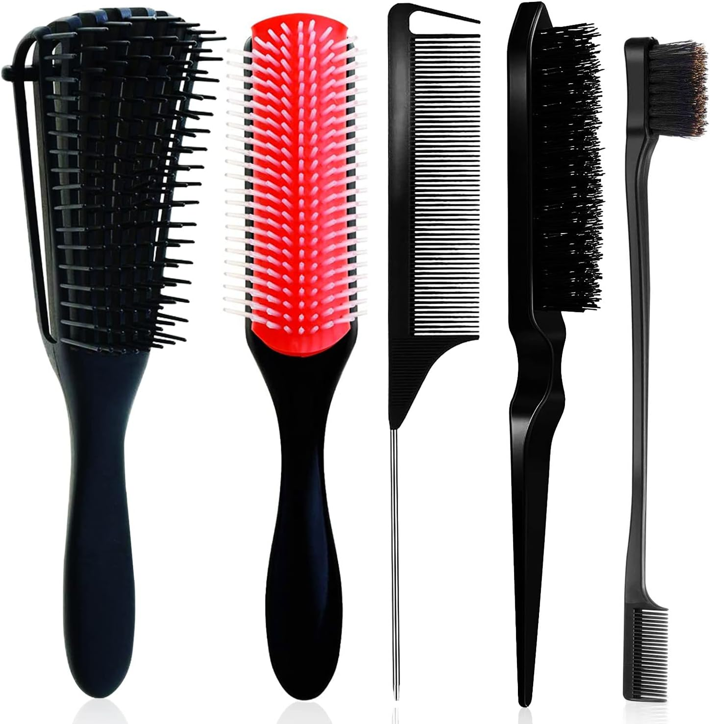 5 Pcs Detangling Brush Set Cushion Nylon Bristle Shampoo Brush Dual Edge Teasing Comb (Black-1)