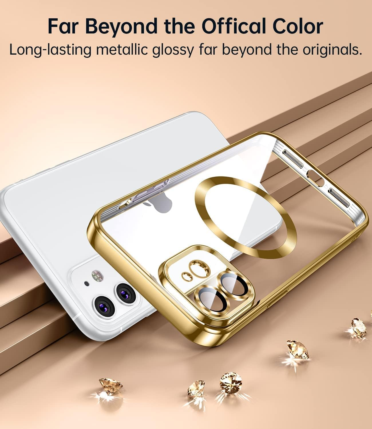 ELEPIK for Iphone 11 Case with Camera Protector, [Full Camera Cover Protection] [Compatible with Magsafe] [Military Grade Protection] Clear Magnetic Slim Phone Case 6.1 Inch, Gold image number 1