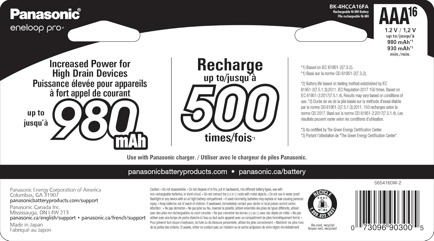 Panasonic BK-4HCCA16FA Eneloop Pro AAA High Capacity Ni-Mh Pre-Charged Rechargeable Batteries, 16 Pack image number 3