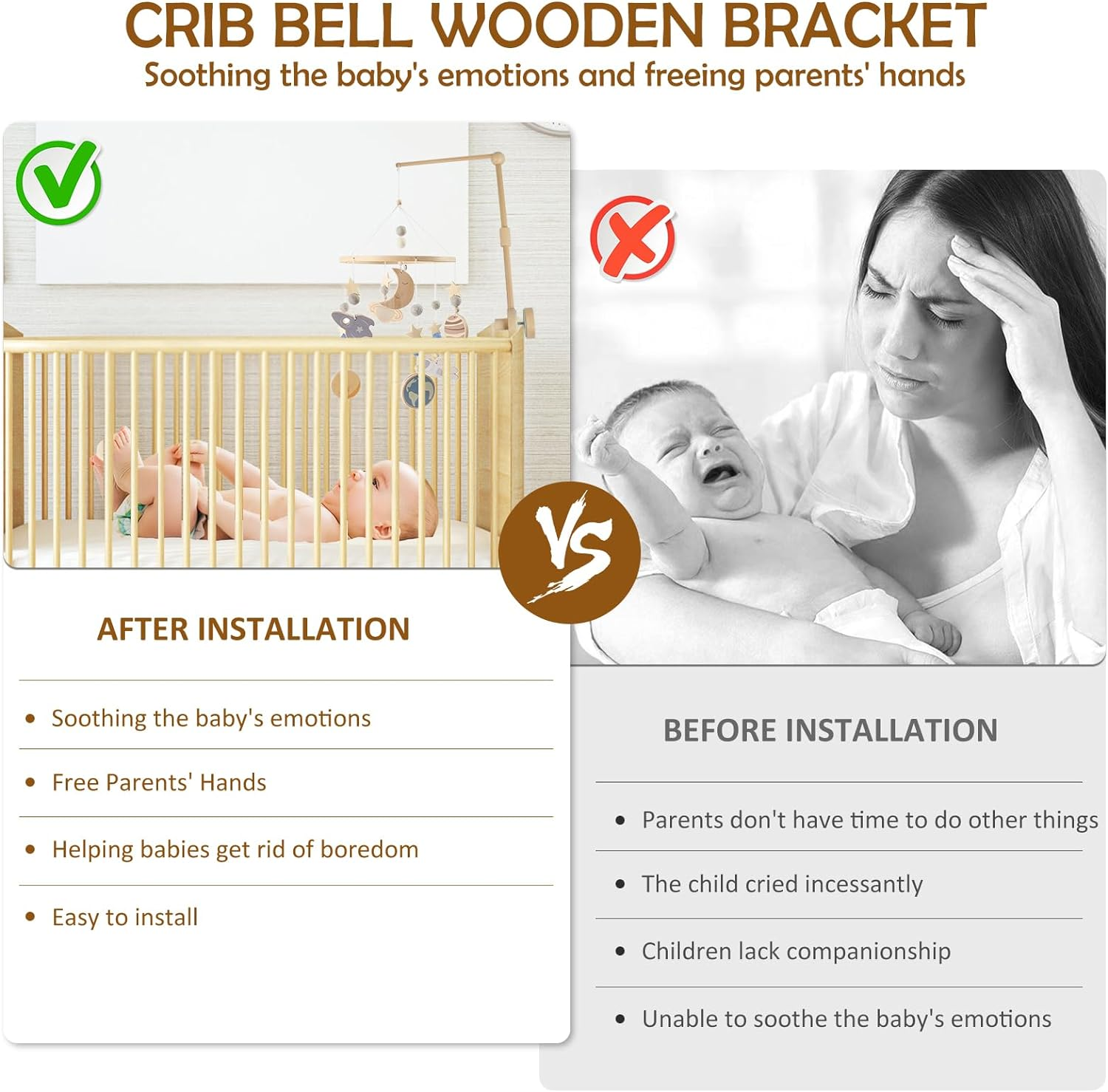 33.7Inch Baby Crib Mobile Arm Wooden Crib Mobile Holder Non-Skid Crib Mobile Bed Bell Holder Arm Nursery Mobile Hanger DIY Baby Crib Mobile Holder for Crib Nursery Decor Infant Toy image number 1