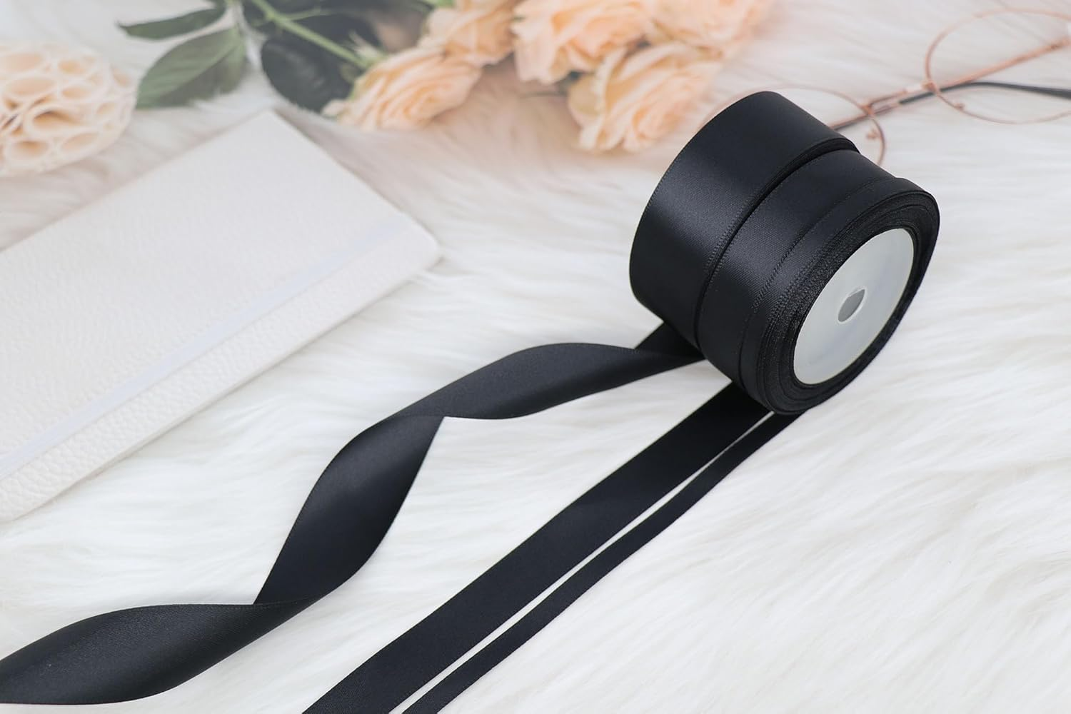 Black Satin Ribbon Double Faced Ribbon 3 Rolls (1/4 Inch, 5/8 Inch, 1 Inch), Fabric Ribbon Use for Gift Wrapping, Wedding Party Decoration, Hair Bows, DIY Crafts, Total 30 Yards - Gold image number 7