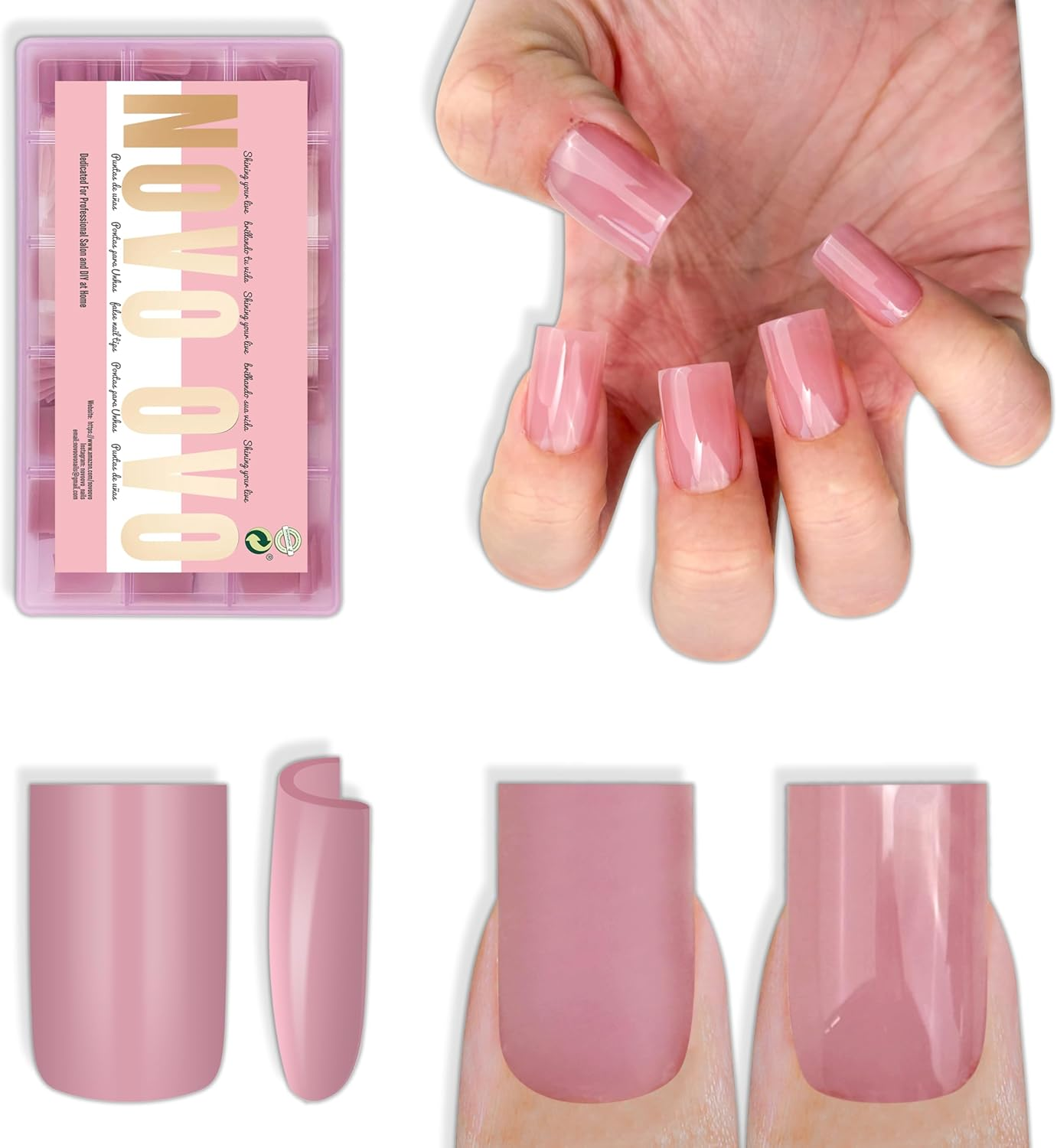 NOVO OVO Short Sharp Square Nail Tips Press on Pure Colour Berry Pink, Requires Nail Glue, Matte Soft Gel Artificial Nail Extension, Full Cover Nails for DIY, 15 Sizes, 240 Pieces image number 1