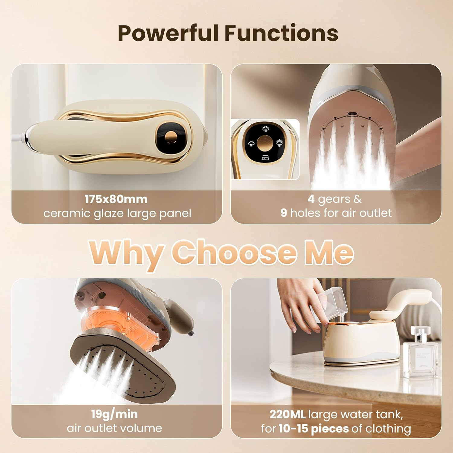 Mitdir Portable Clothes Steamer 175X80Mm Ceramic Glaze Panel Iron LCD 220Ml Water Tank 1200W & 15S Fast Heat up 4-Speed Steamer for Clothes of All Fabrics Dry&Wet Iron for Home Travel Business Trip image number 5