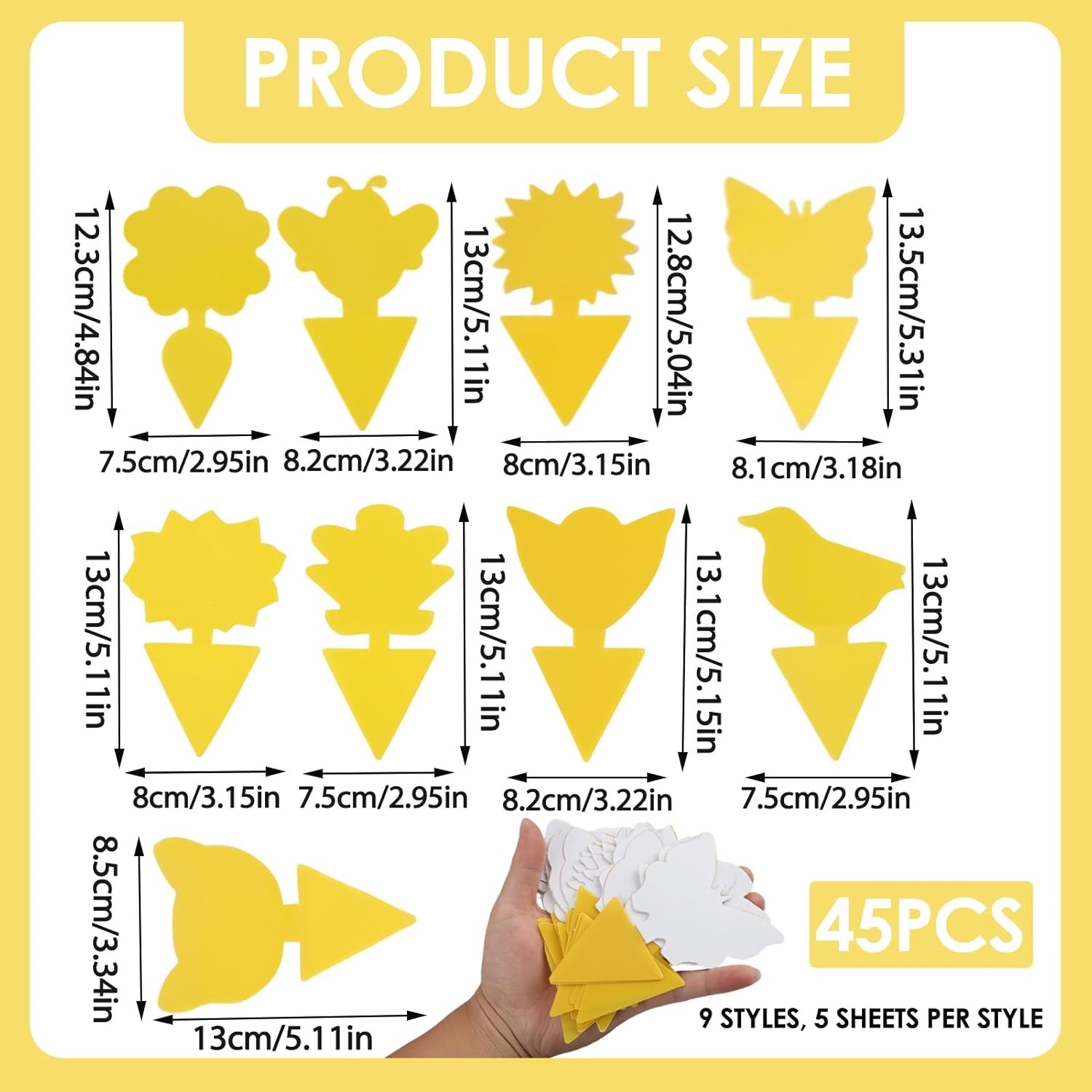 45 Pcs Fruit Fly Trap, Sticky Fruit Fly Fungus Gnat Traps, Double-Sided Yellow 9 Shapes Insect Catcher Fruit Fly Gnat Mosquito Pest Control Paper for Fungus Gnats Flying Bugs image number 2