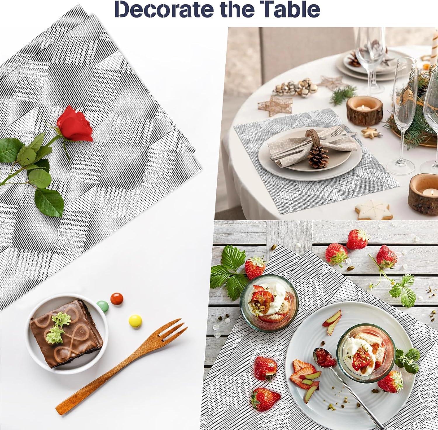 Placemats, Set of 6 Heat Resistant Place Mats, Stain-Proof Non-Slip Wipeable PVC Dining Table Mats, Dining Table Placemats for Easter Thanksgiving Christmas New Year Party Home Decor (Silver Diamond) - Bamboo Grey image number 5