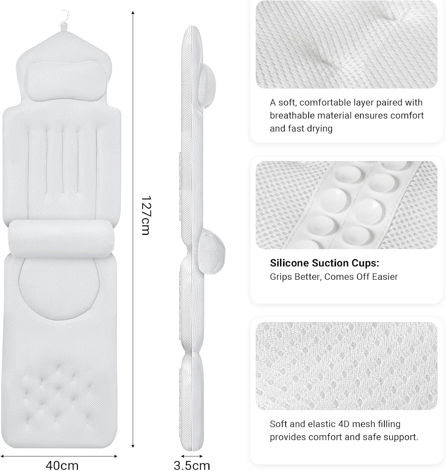 COZI Ergonomic Full Body Bath Pillow for Bathtub, Luxury Tub Pillow for Bath for Headrest Neck and Back Support,130Cm White Long Body Pillow with Mesh Washing Bag and Non-Slip Suction Cups image number 4
