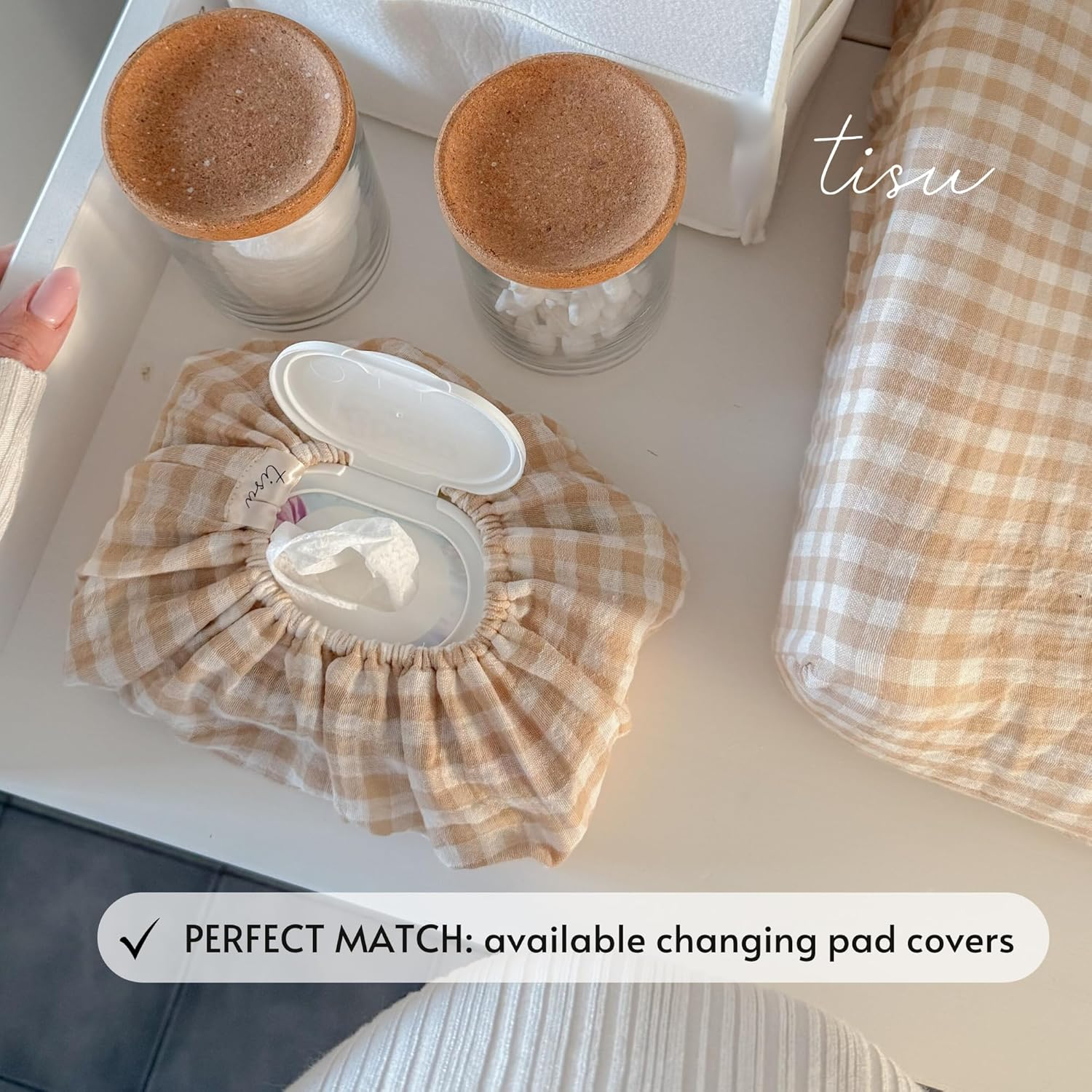 Baby Wipes Cover &ndash; Universal Size, One Size Fits All Wipes Packages | Muslin Cotton Tissue Cover for Nursery, Diaper Bag & Changing Table, Station | Gingham & Neutral Patterns (Beige Gingham) image number 2