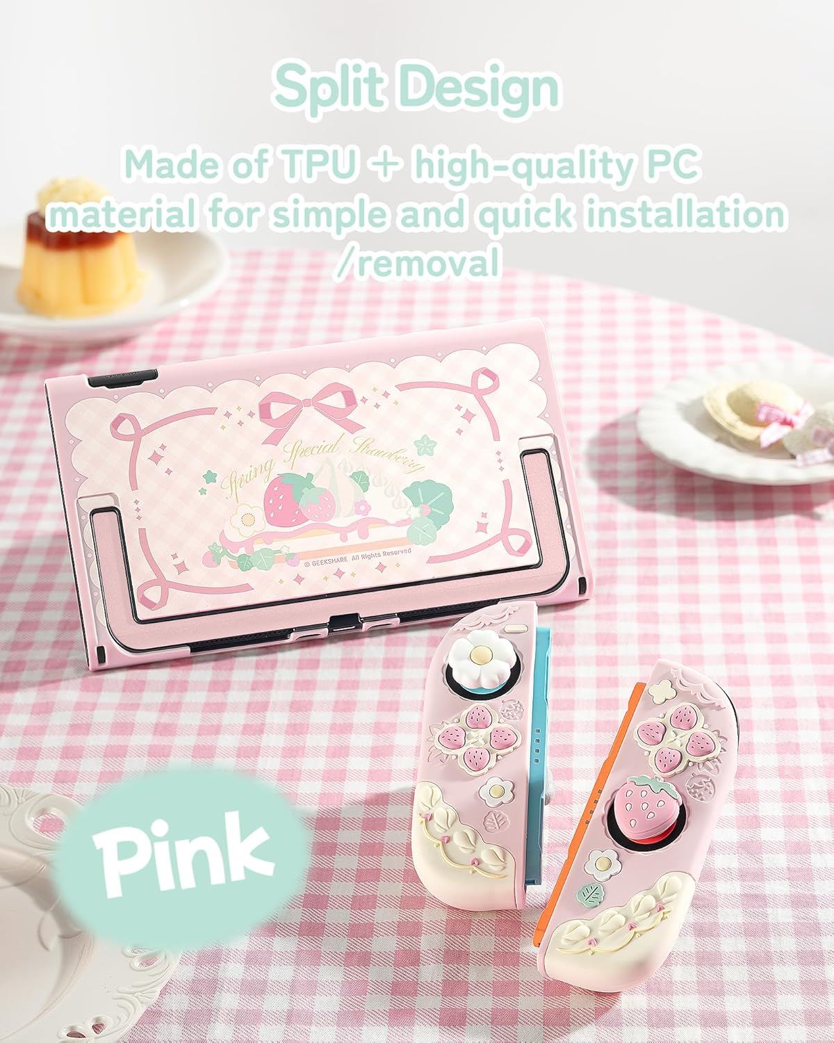 Geekshare Strawberry Protective Case Compatible with Switch 2, Slim Separable Soft Silicone Cover Shell with 2 Thumb Grip Caps for Switch 2025 Game Console & Joystick (Pink)
