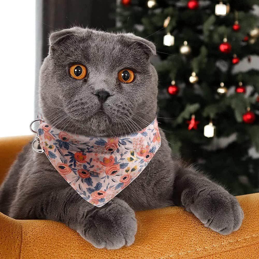 2 Pieces Cat Collars Adjustable Cat Bandana with Bow Bells Floral Kitten Collar Soft for Cats Kittens Kitties Puppies image number 5