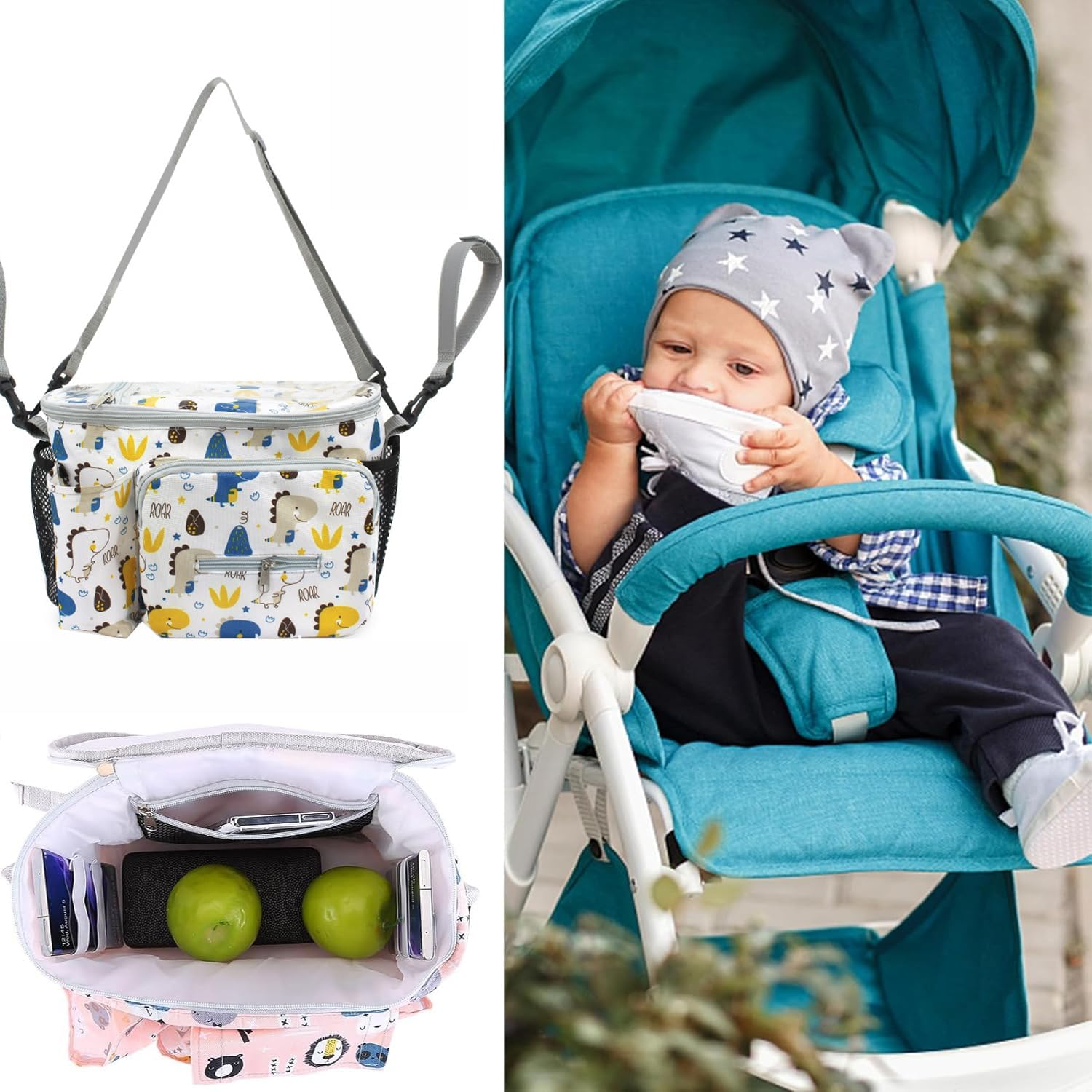 Baby Stroller Hanging Organiser Bag 12.2X7.8X5.9In Large Capacity Universal Waterproof Multi Pocket Diaper Storage with Tissue Dispenser Compact Design Universal Fit for Prams & Buggie(Dinosaur) image number 6