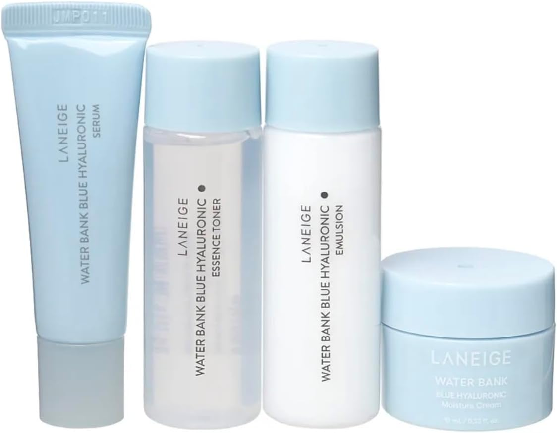 LANEIGE - Water Bank Blue Hyaluronic 4-Step Essential Kit for Normal to Dry Skin. Toner 25Ml, Emulsion 25Ml, Serum 10Ml, Moisture Cream 10Ml. Korean Gift Set.