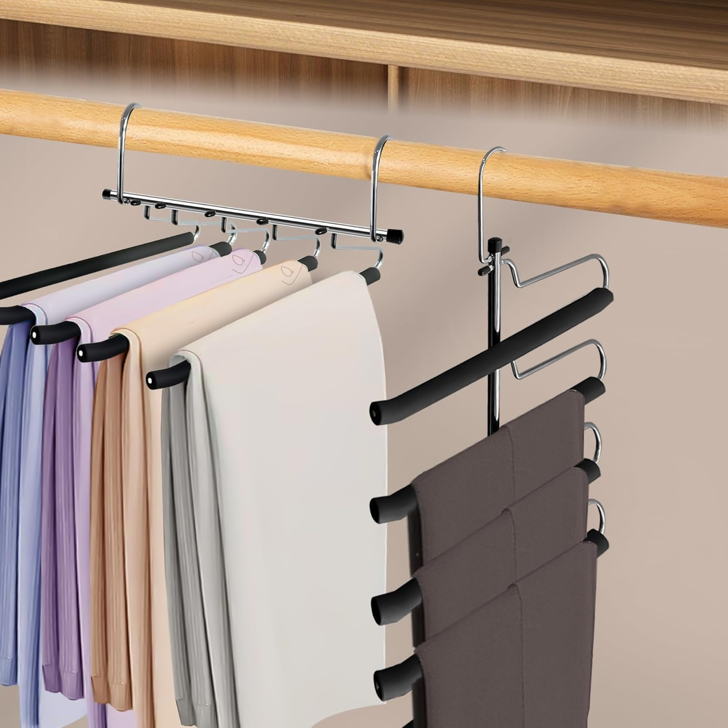 MEILANHUI Pants Hangers Space Saving, 2 Pack Closet Organizer and Tie Hangers for Men 5 Tier Stainless Steel Anti-Slip Space Saving Hangers for Clothes Pants Scarf Jeans Leggings Trousers