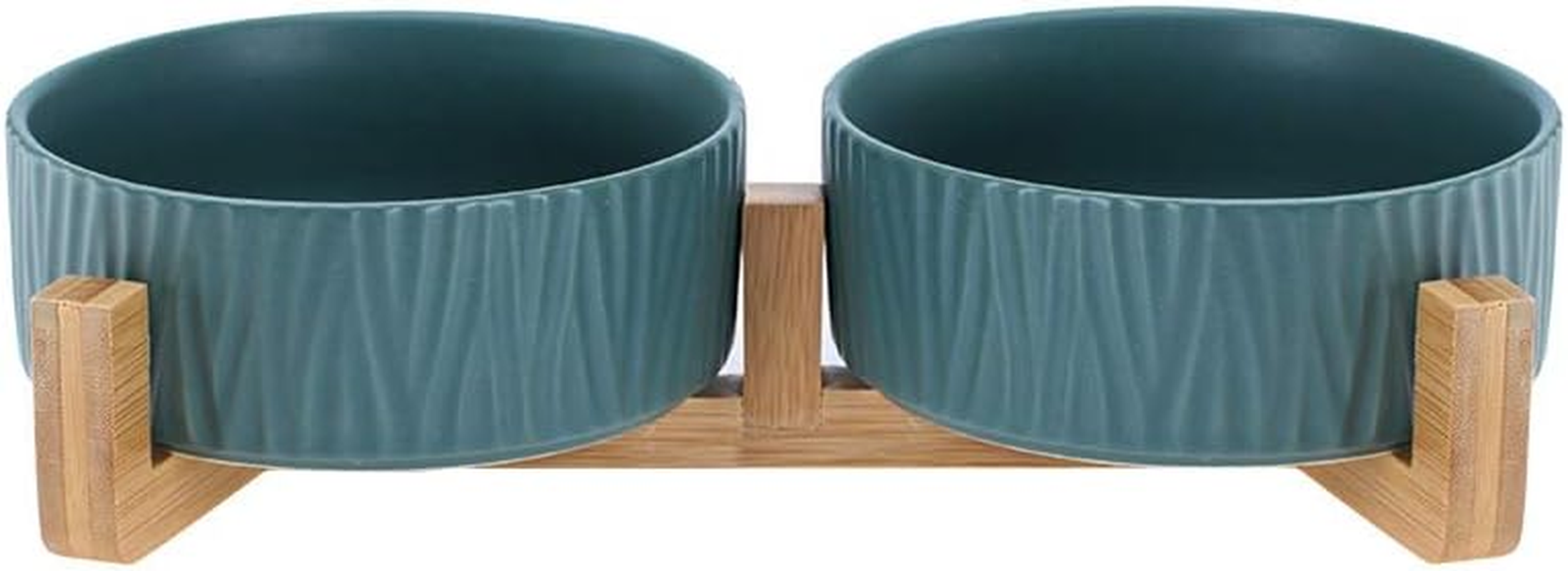 Green Ceramic Cat Dog Bowl Dish with Wood Stand No Spill Pet Food Water Feeder Cats Dogs Set of 2 image number 1