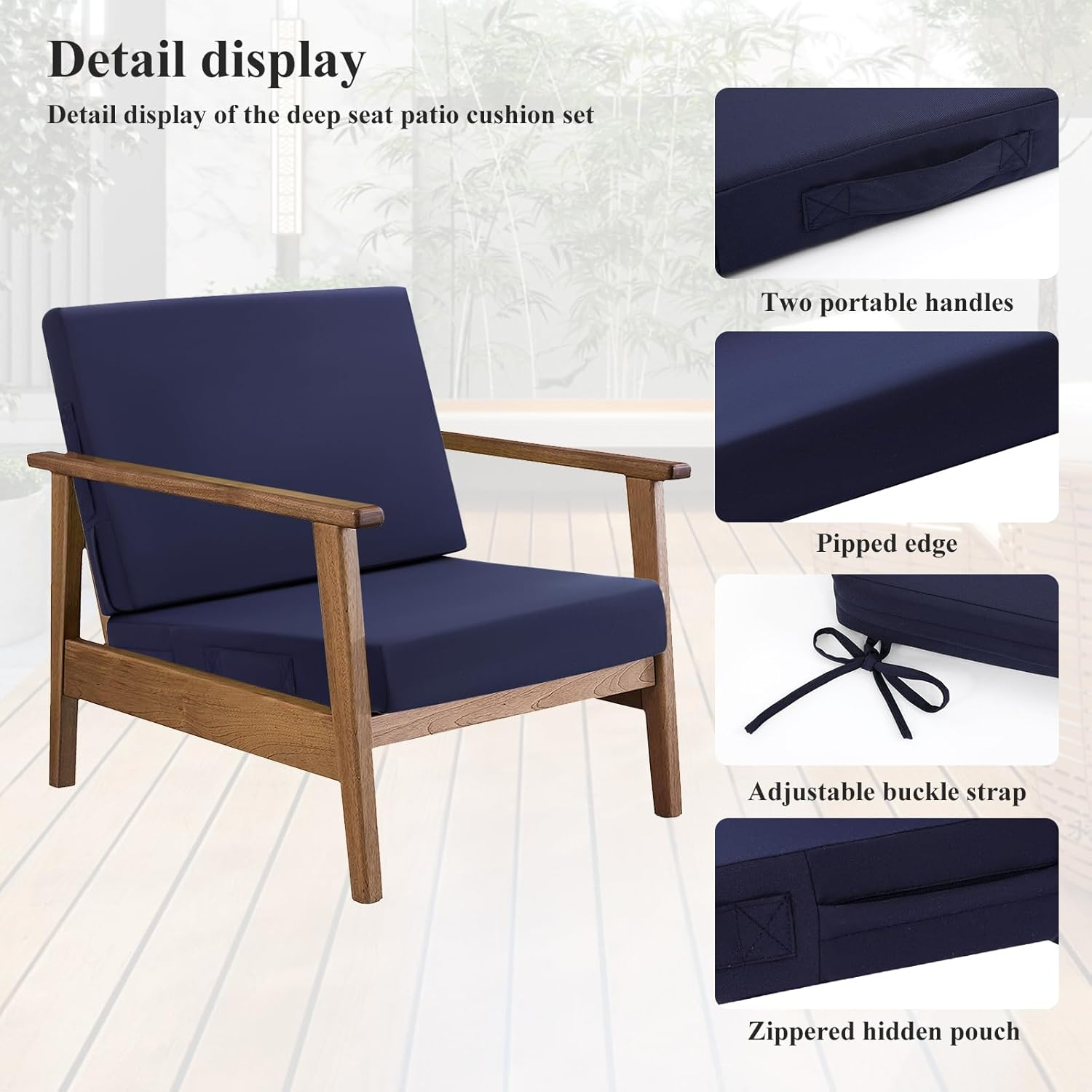 HEBE Outdoor Chair Cushions Set 19 X 19 Inch Waterproof Deep Seat Patio Cushion for Patio Furniture with Fade Resistant, Removable Cover & Handle for Sofa Couch, Blue image number 4