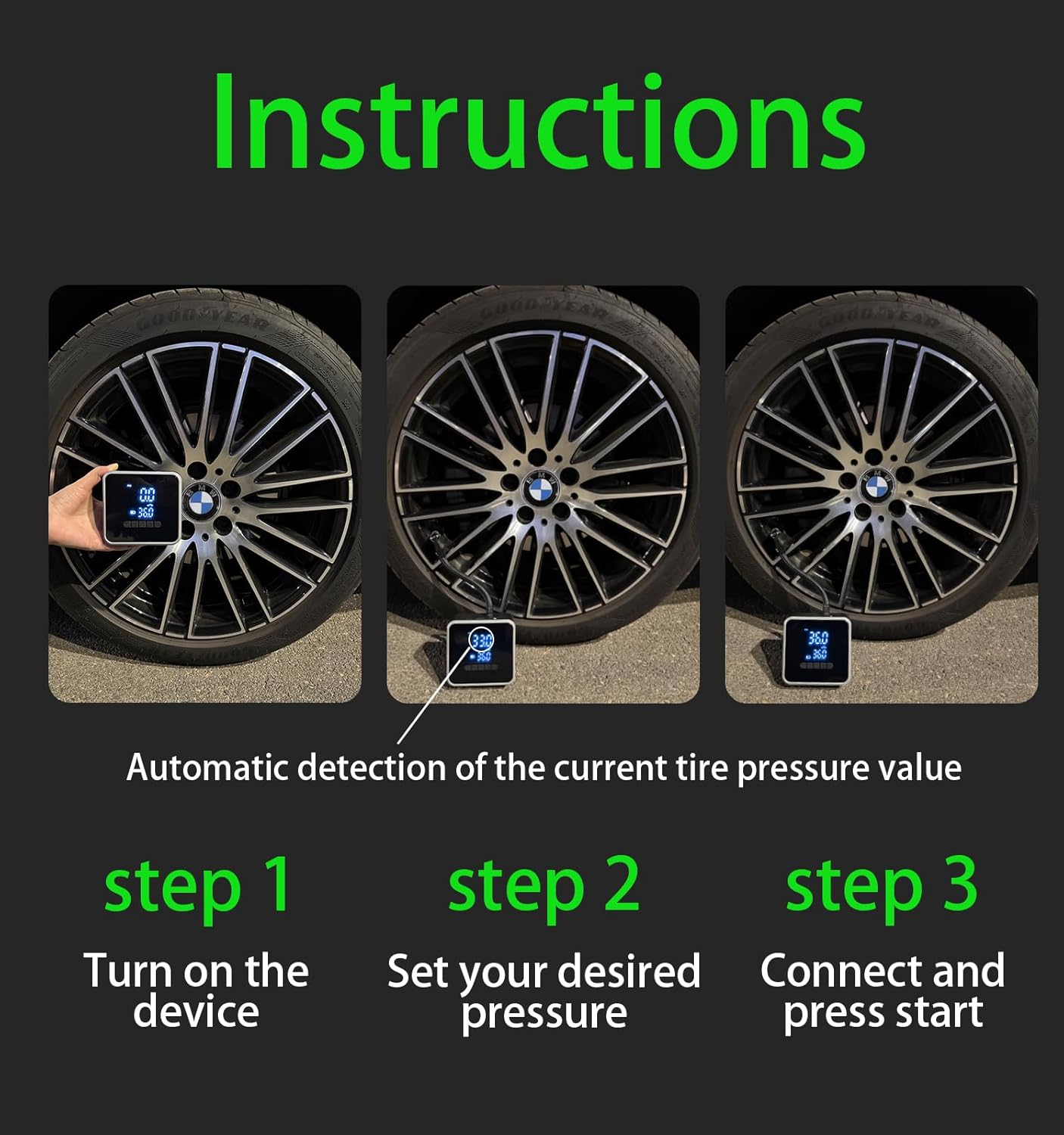 Tire Inflator Portable Air Compressor - 150 PSI Air Pump for Car Tires - 2X Faster Inflation, Smart Pump Tire Inflator for Cars, Motorcycles, Bicycles, Balls image number 3