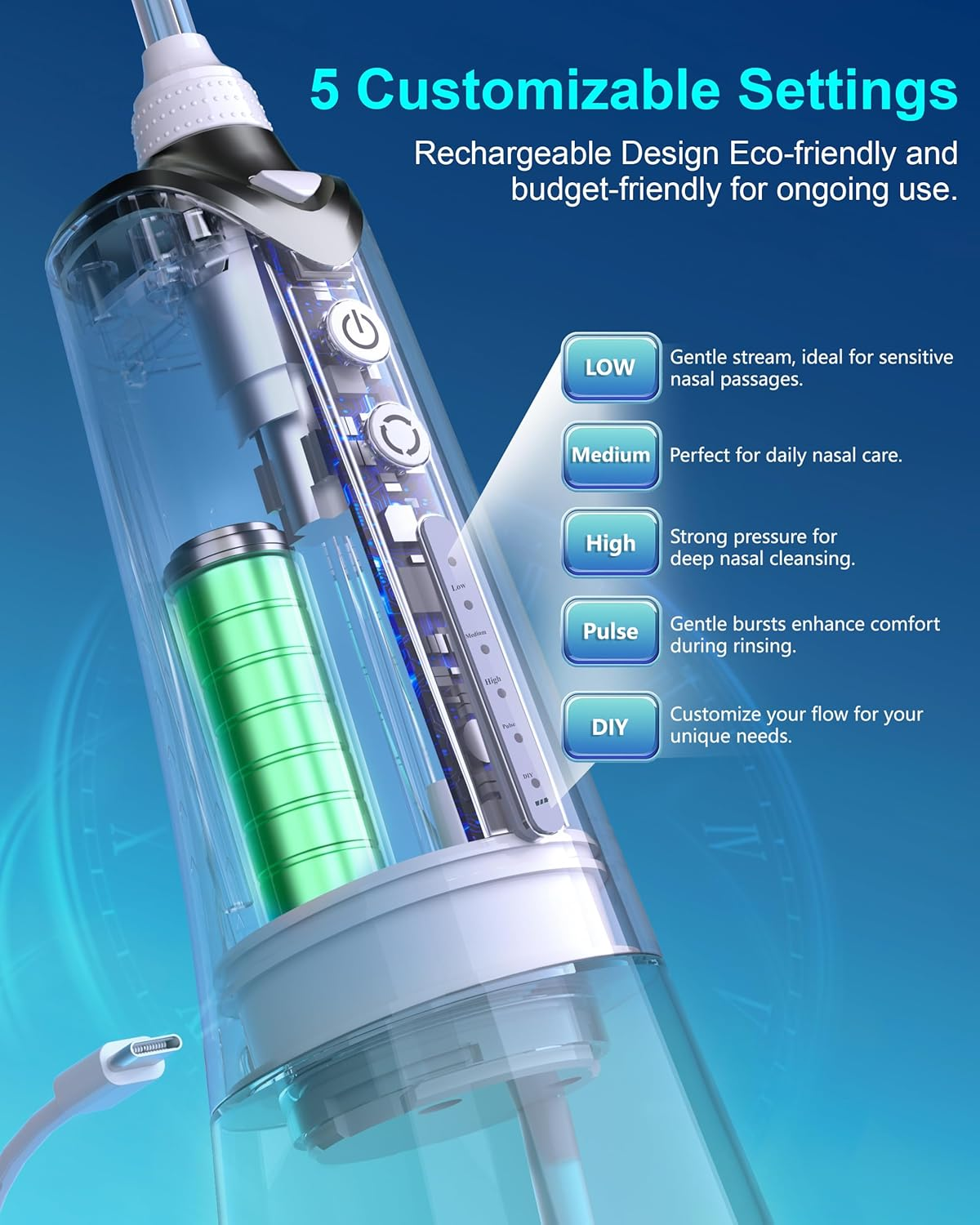 MAOEVER Sinus Cleaner Machine, Cordless Nasal Rinse Machine for Relief & Care, Electric Neti Pot with 6 Tips and 40 Salt Packs Irrigation System Kit Adult Kid Blue 300 Ml