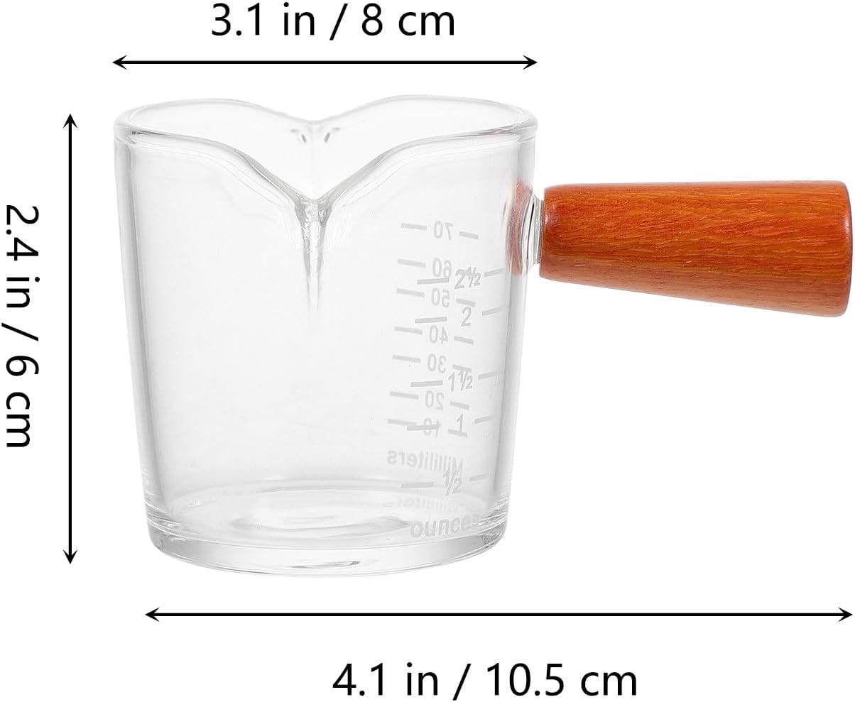 TEMPNAP Transparent Glass Coffee Measuring Cup with Wooden Handle Double Spout Milk Pitcher with Scale for Home Coffee Shops and Parties Easy-Clean Thick-Bottom Espresso Jug
