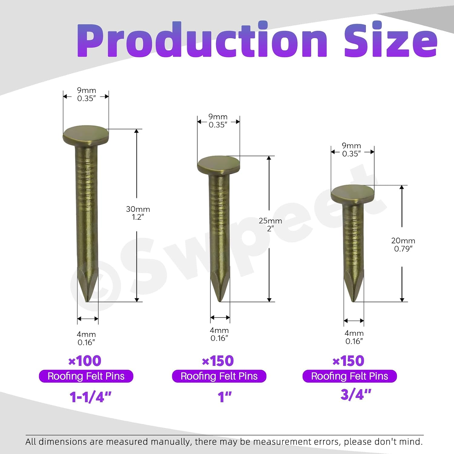 Swpeet 400Pcs 3 Sizes 3/4'' 1'' 1-1/4'' Roofing Felt Lacquered Nails Assortment Kit, Steel Roofing Felt Lacquered Nails Used to Fasten Roofing Felt, Asphalt Shingles and Insulation Board image number 5