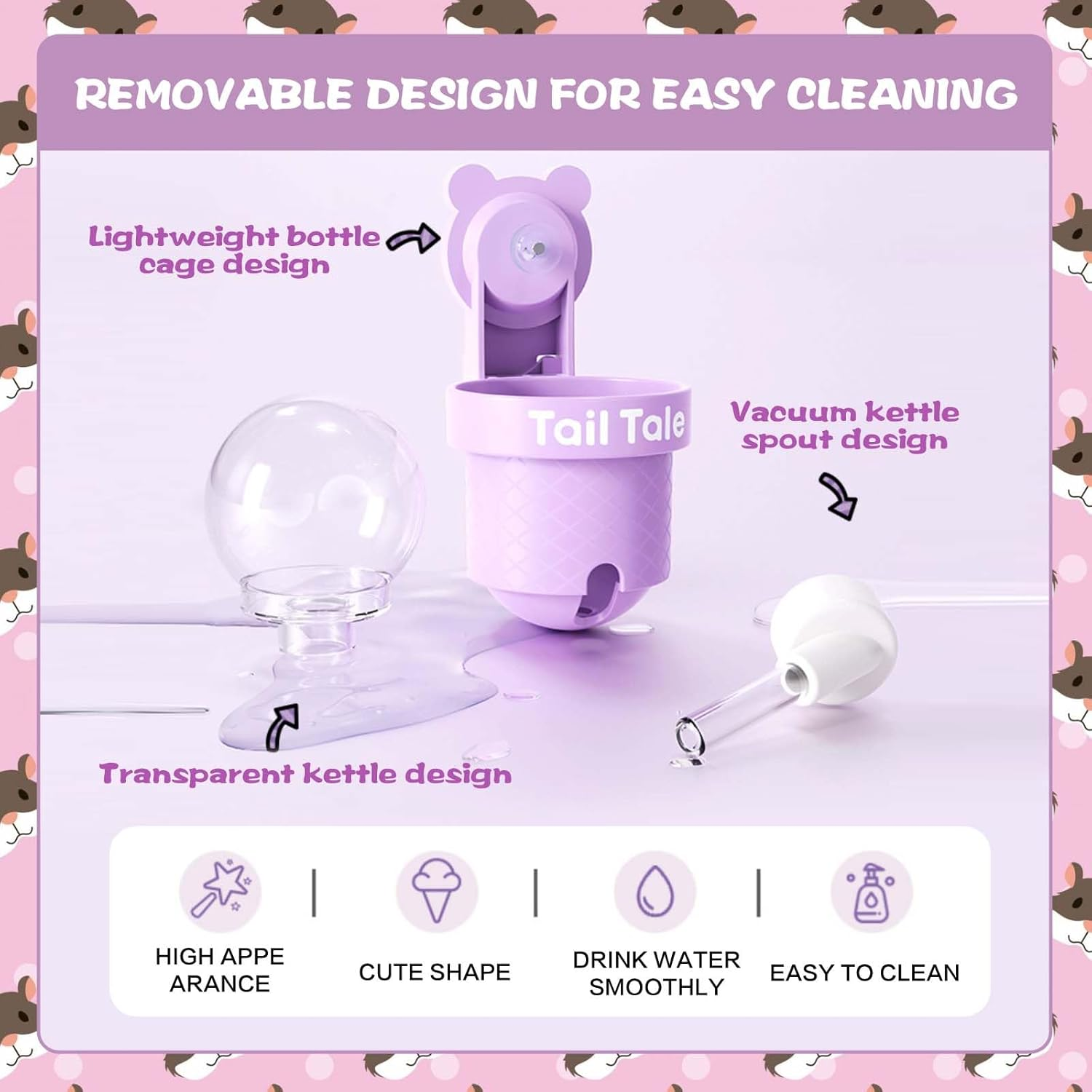 SUSOO Leak-Proof Hamster Water Bottle with Vacuum Silent Drinking Water Design,2-In-1 Hook and Suction Cup Design for Wire Cage and Acrylic Small Animal Water Dispenser Cage Accessorie (Purple, 110ML) image number 2