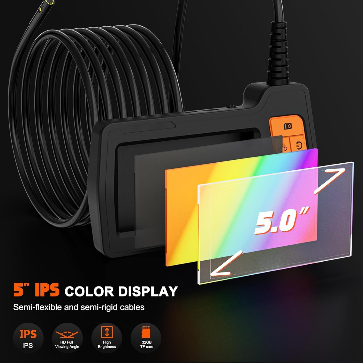 TURNRISE 1080P Inspection Camera with Light: 50FT Semi-Rigid Cable Endoscope Triple Lens - Industrial Borescope with 5" IPS HD Screen - Waterproof Snake Drain Camera for Sewer Pipe Engine image number 3