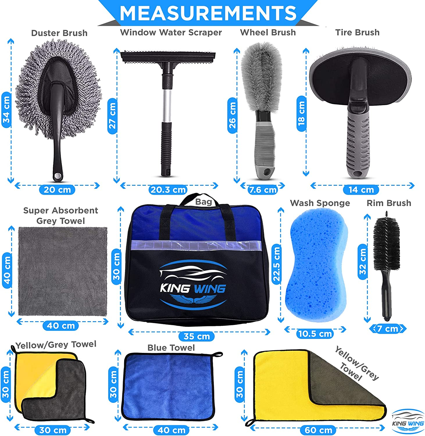 King Wing Car Wash Kit-30Pcs, Interior and Exterior Car Cleaning Tools Kit Includes Multi Size Microfiber Towels, Scrapper, Sponge, Mitt, Duster, Brushes, Wax Pads, Collapsible Bucket, Tire Repair Kit image number 2