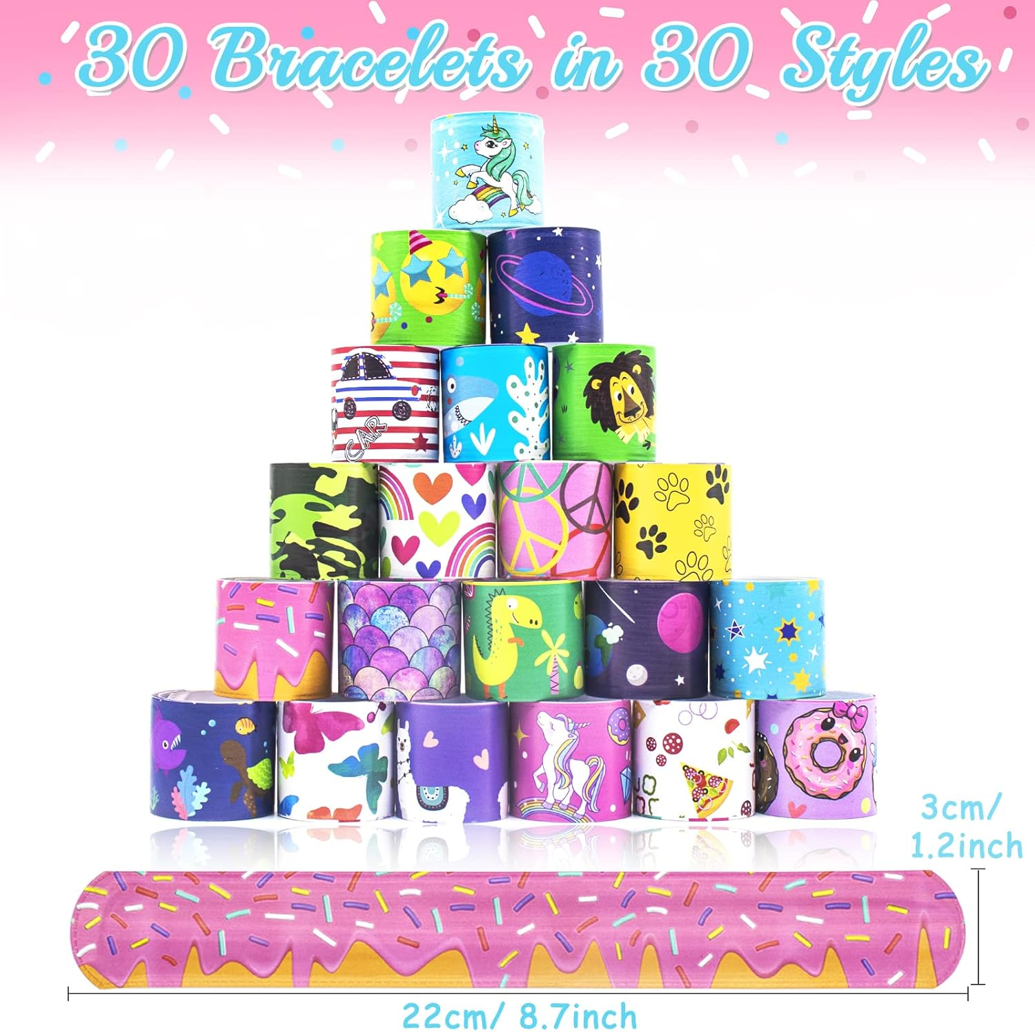 30 PCS Slap Bracelet for Kids Party Bag Fillers, Boys & Girls Mix Wristbands Fun Boys and Girls Snap Bands Bulk Vinyl Rolls for Birthday Gift Goodie Bag Flavors School Classroom Little Toys image number 3