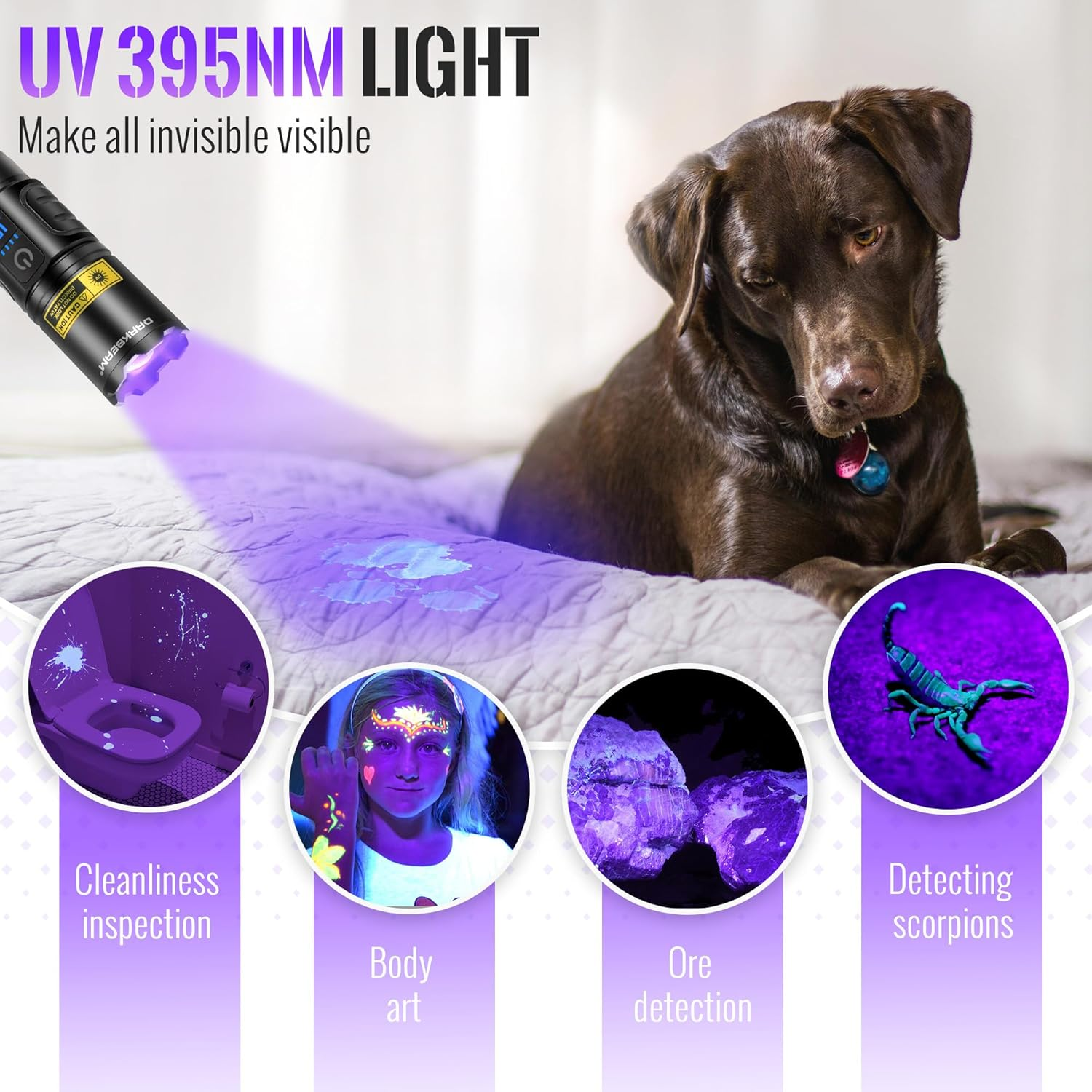 DARKBEAM UV Flashlight Blacklight 395Nm Black Light, High Lumens LED Flashlights USB Rechargeable Super Bright for Camping, Powerful Woods Lamp Pet Urine, Uranium Glass Detector, Resin Curing image number 3