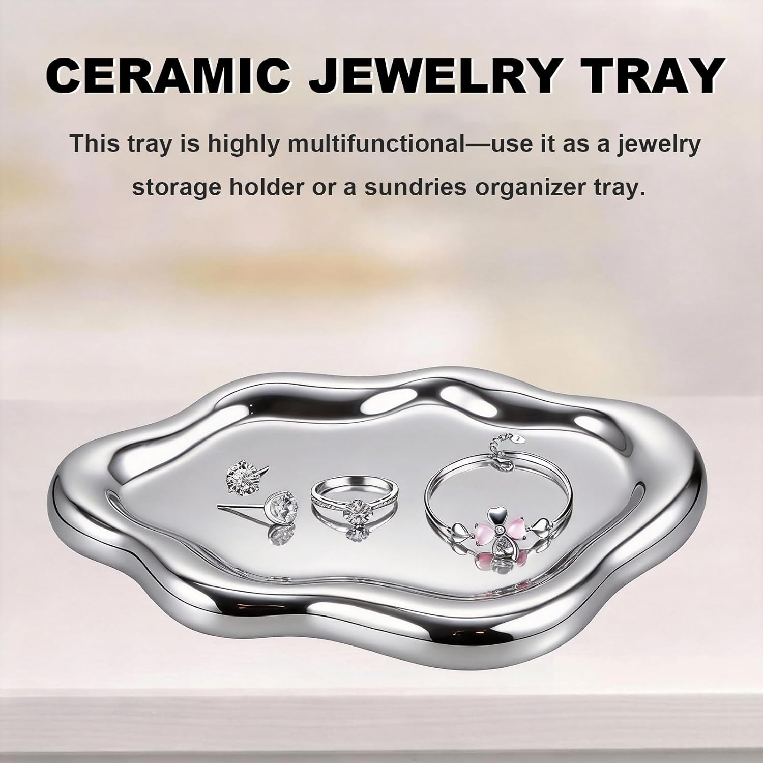 Cloud Trinket Dish - Silver Jewelry Tray Mirror Finish Ceramic Ring Holder, Modern Luxury Perfume Tray, Decorative Catchall Bowl for Entryway Table, Unique Christmas Birthday Gift-Silver - White image number 6