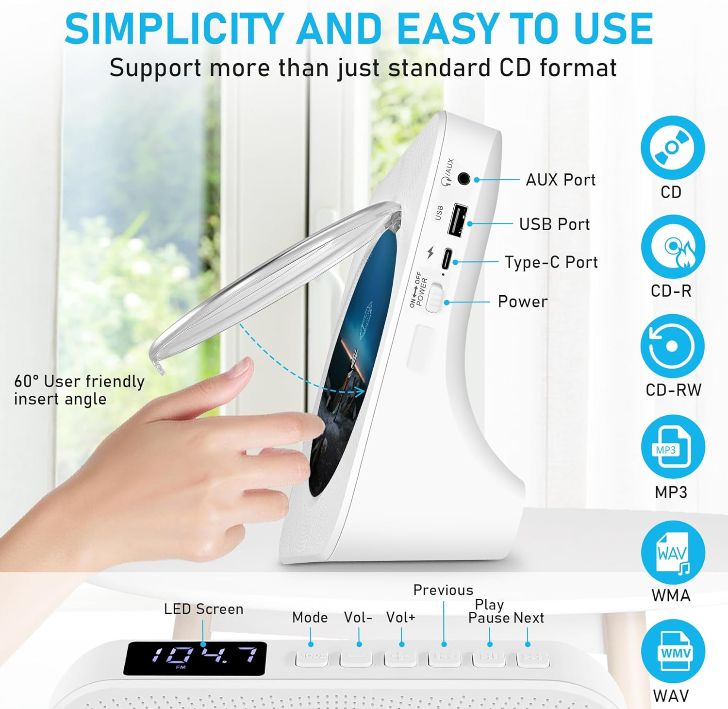 Portable CD Player with 4000Mah Battery Rechargeable, Support Bluetooth, FM Radio, USB Port, AUX In/Output, Timer, Remote, Hifi CD Music Player with Speakers for Home SHIWAKOTO image number 1