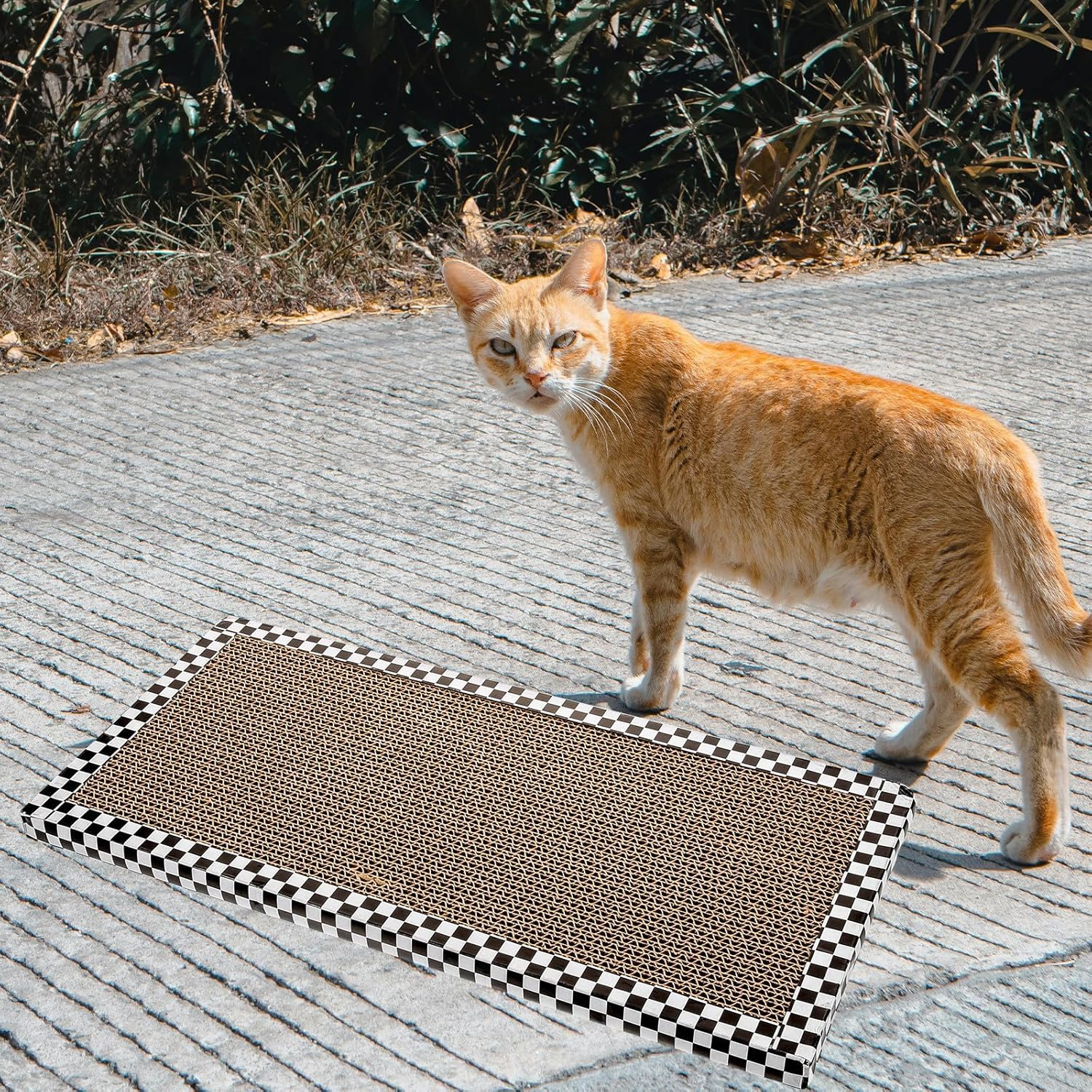 Alasum Reusable Yellow Checkered Cat Scratching Board 43X40Cm Corrugated Cardboard Scratch Pad for Indoor Cats and Kittens Household Floor Claw Sharpener image number 2