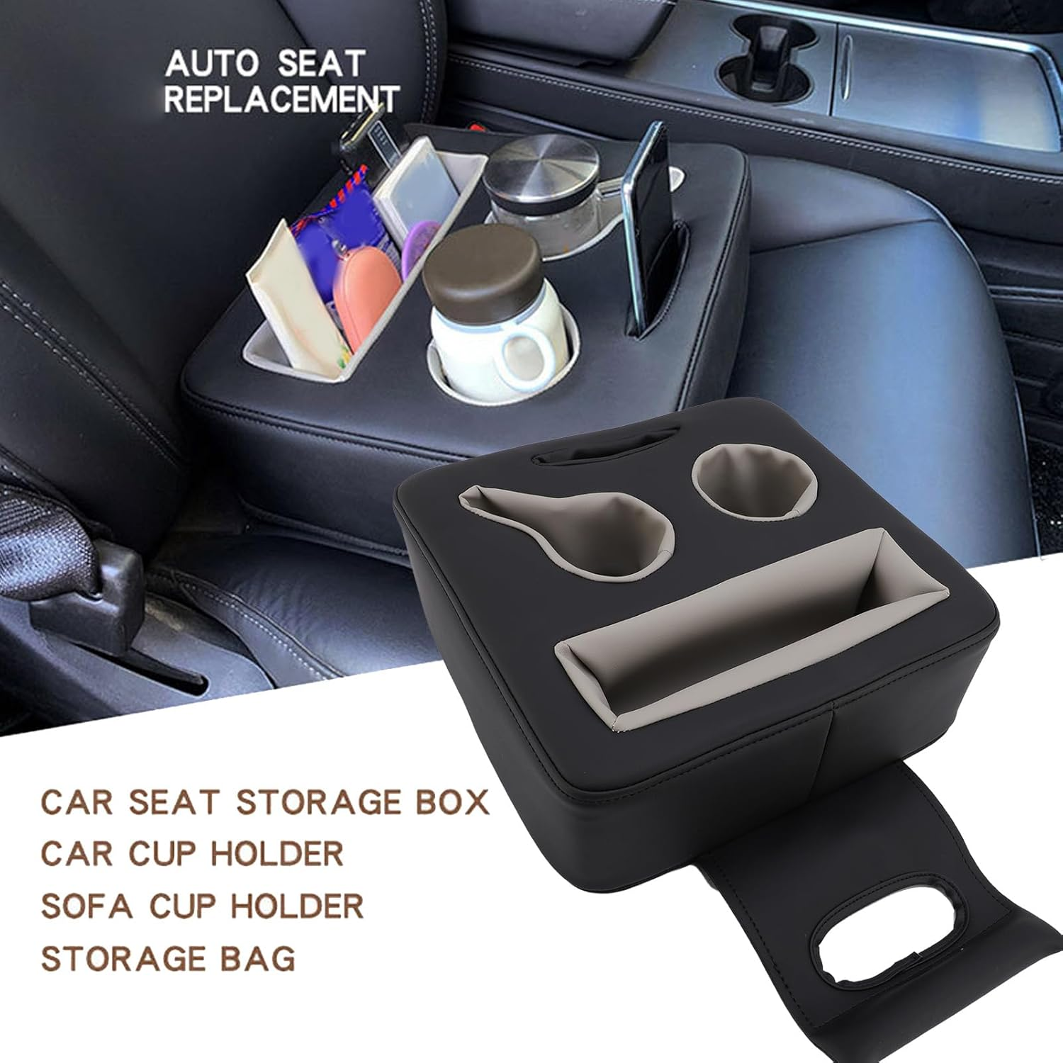 Jiawu Back Seat Cup Holder, Car Back Seat Organizer, PU Leather Couch Pillow Sofa Bed Cup Holder Expander Tray, Universal Car Truck Boat Organizer, Holds Drinks, Snacks, Remote image number 1