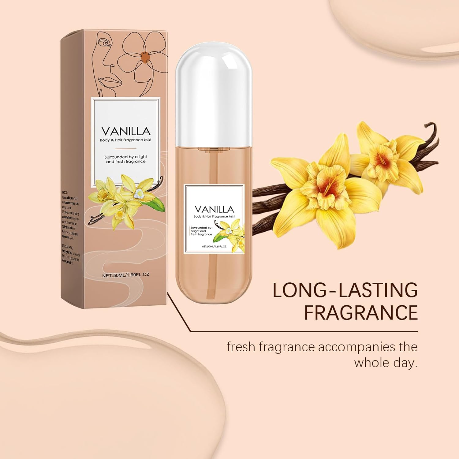 QPJUVC Vanilla Hair & Body Fragrance Mist - Long-Lasting Light Fragrance Spray for Women, 50Ml Travel Size Hydrating Refreshing Body Spray (1) image number 4