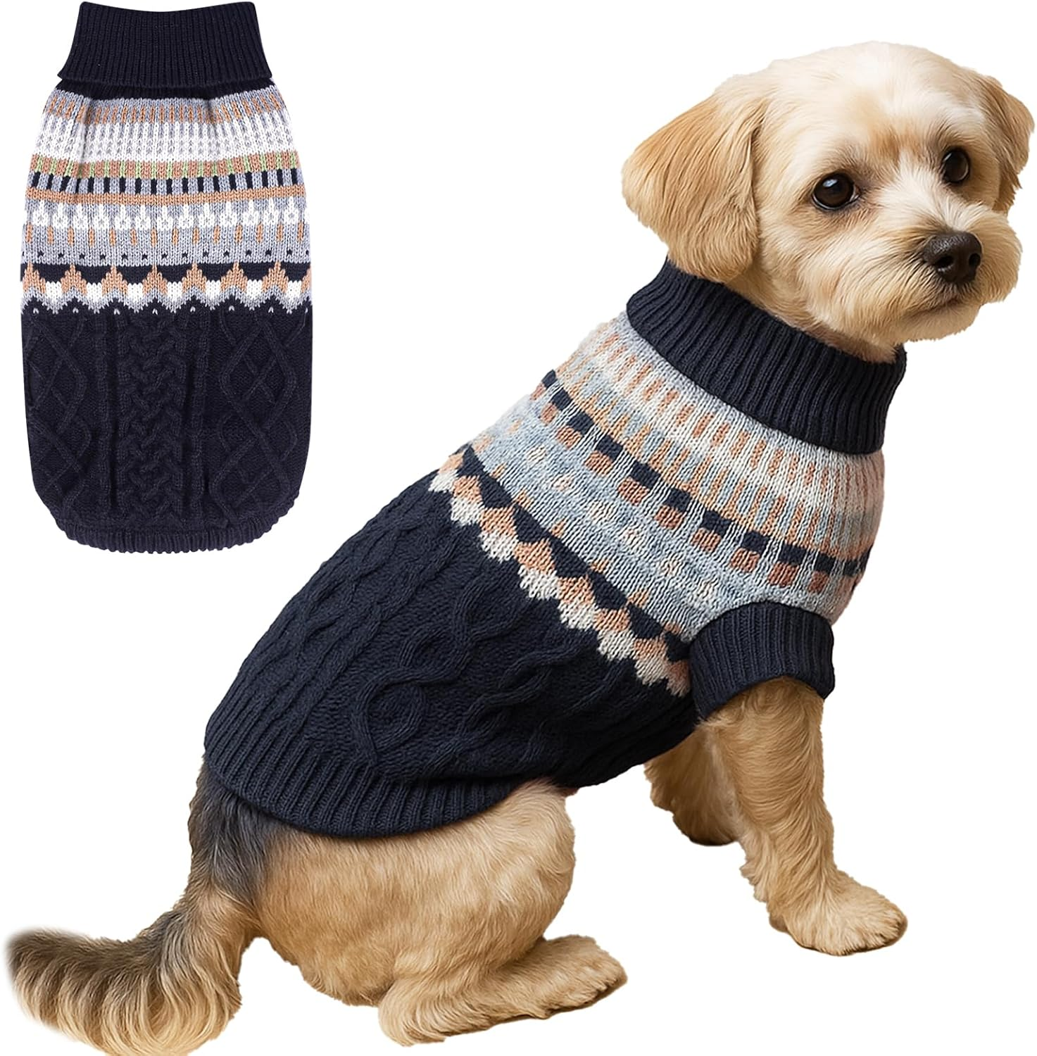 Fnaobai Knit Dog Sweater Turtleneck Cat Cold Weather Pullover Pet Vintage Cable Thick Warm Winter Clothes for X Small Dogs Cats Medium Pug Dachshund Yorkie (Navy, Medium)