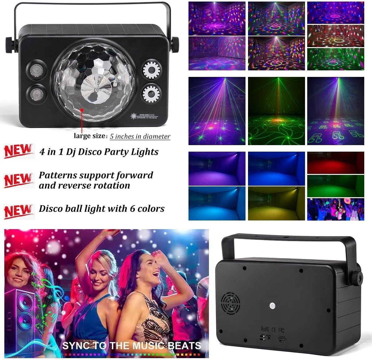 PAIFIEVD 6 Color Disco Ball Light Sound Activated DJ Lights, Strobe Stage Light for Indoor Dance Parties, Birthday, Karaoke, Halloween, Christmas