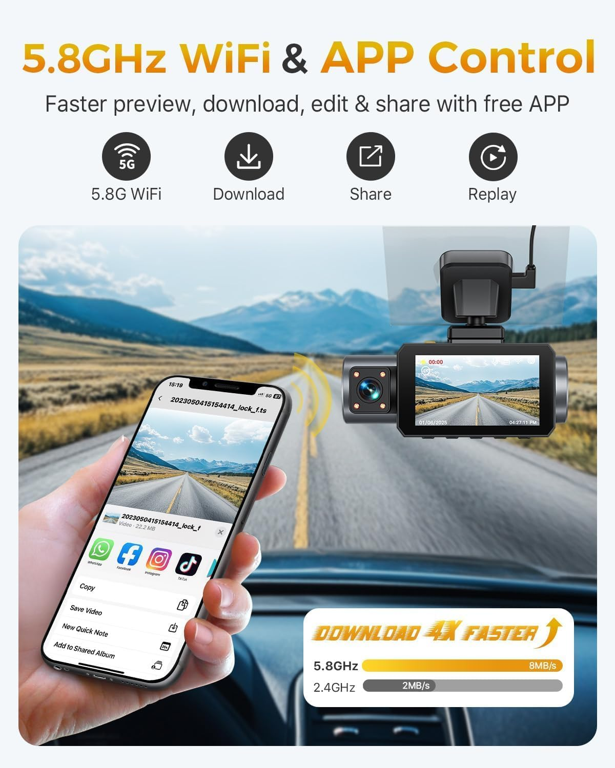 GKU 4K 3 Channel Dash Cam, 5.8Ghz Wifi Built-In GPS, 4K+1080P+1080P Dash Cam Front and Rear Inside, 64GB Card Inserted, 24H Park Mode, Triple Car Camera 3 Inch Screen image number 6