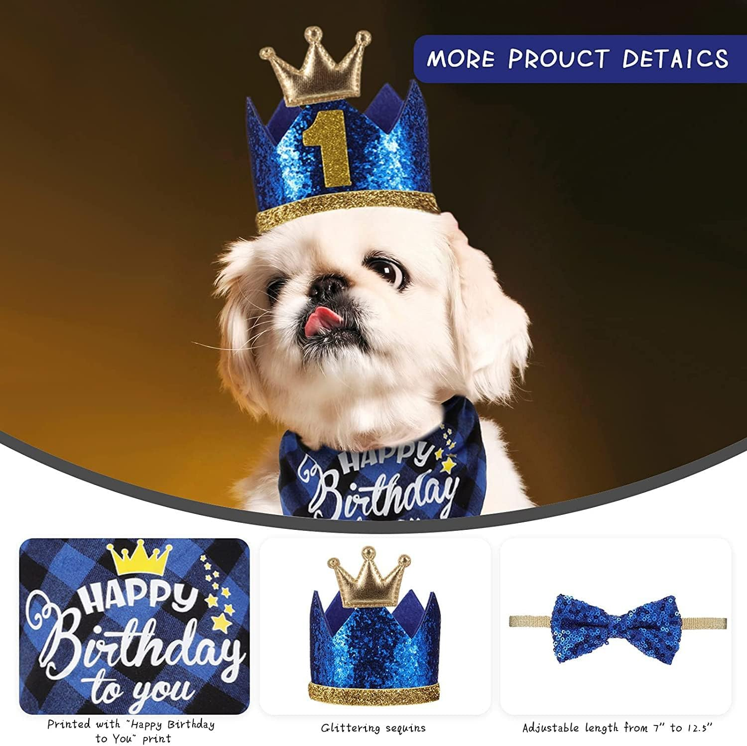 Dog Birthday Party Set, Blue Crown, Bow Tie and Bandana with Numbers, 4 Pieces image number 2