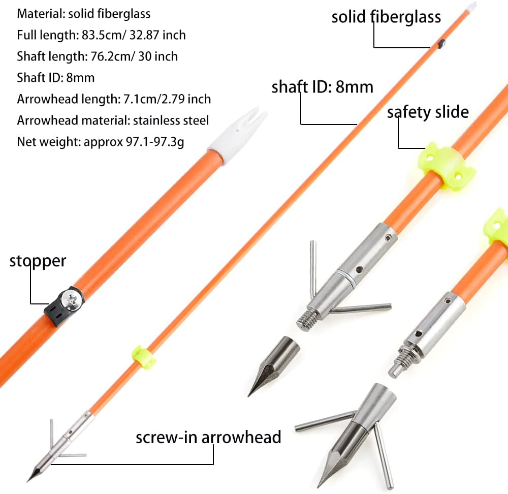 ZSHJGJR 32 Inch Bow Fishing Arrows Archery Fiberglass Fishing Hunting Arrows with Safety Slides for Compound Bow Recurve Bow Fishing Hunting 3/6/12Pcs image number 5
